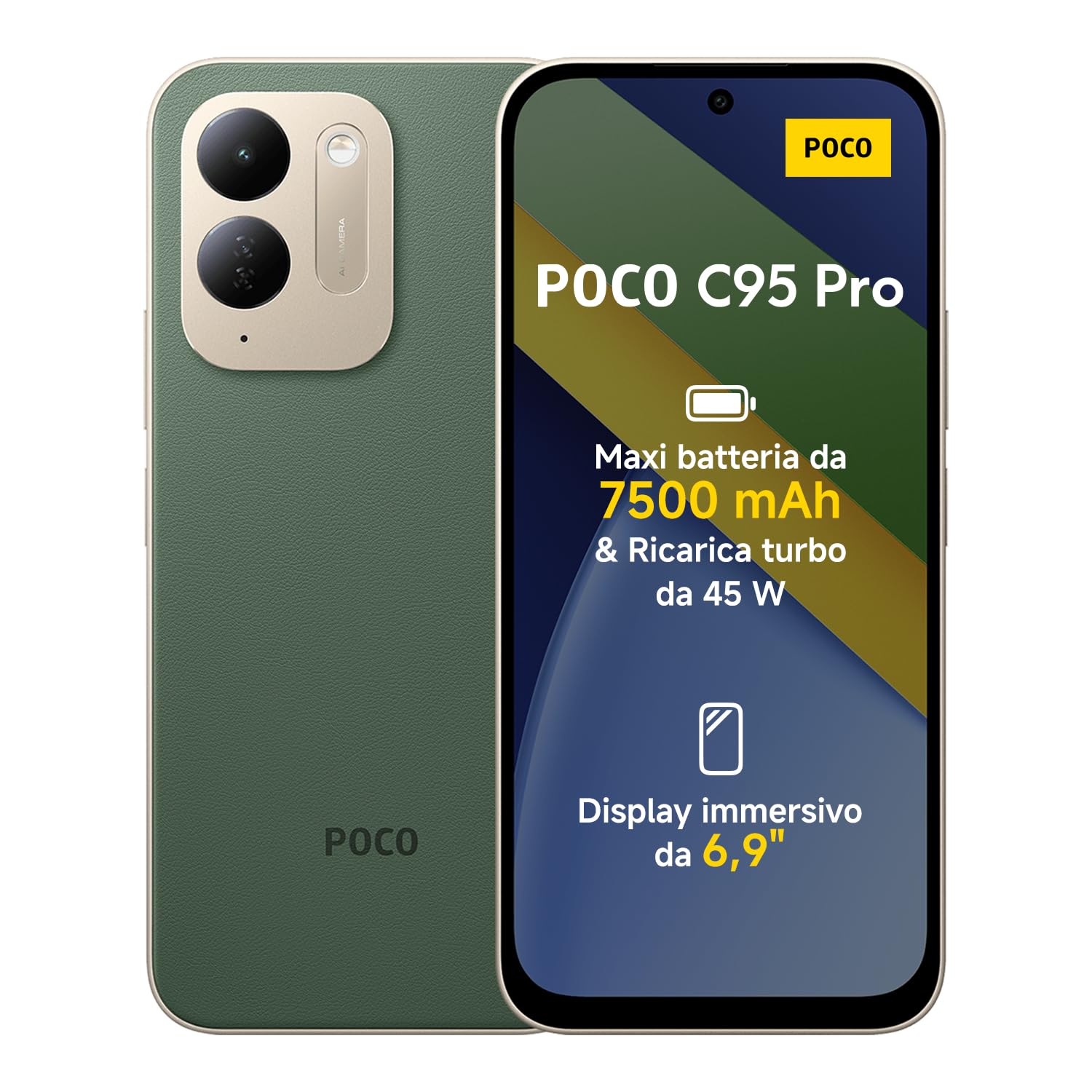 POCO C95 Pro, Smartphone 6+128GB, Verde, Batteria7500mAh,Ricarica Turbo 45W | Display Immersivo da 6,9" 120Hz, Potente Helio G91-Ultra, Doppia Fotocamera AI da 50 MP, HyperOS 3, 1 Anno Extra di Garanzia
