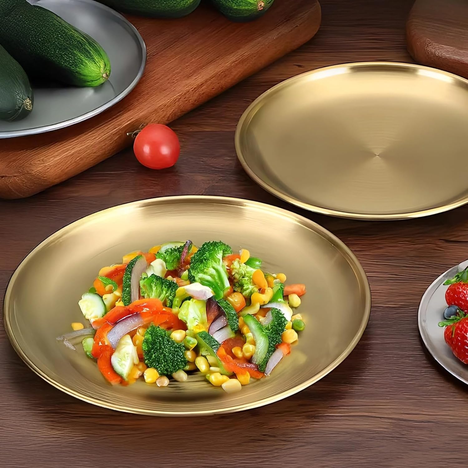 Golden 10 in Round Plates Stainless Steel, Metal Dish Reusable for Salads, Camping, Desserts Dining, 6 Pcs