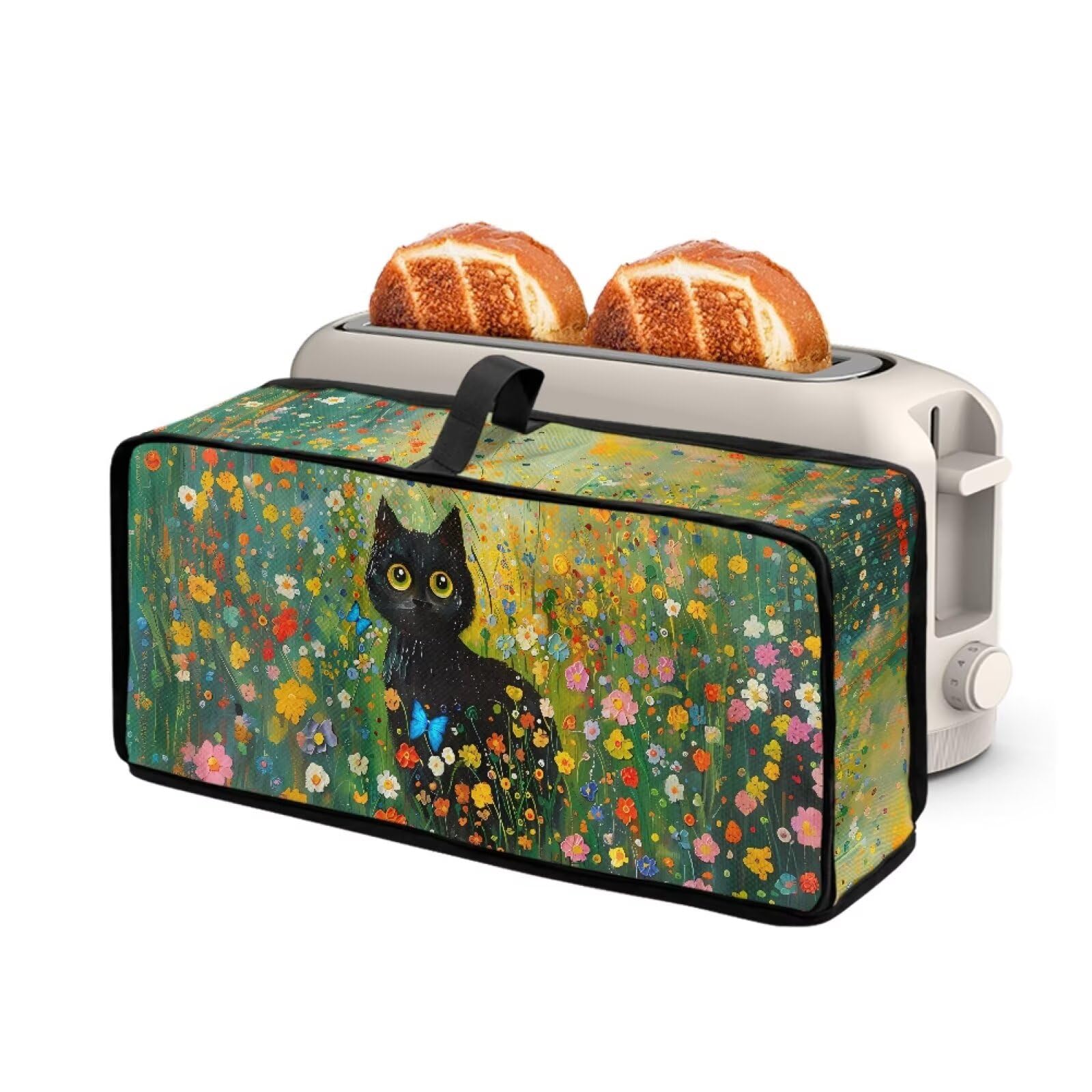 Floral Black Cat Print Long Slot Toaster Cover 2 Slice Slim Toaster Oven Stain Resistant Dust-proof Kitchen Small Appliance Cover with Top Handle