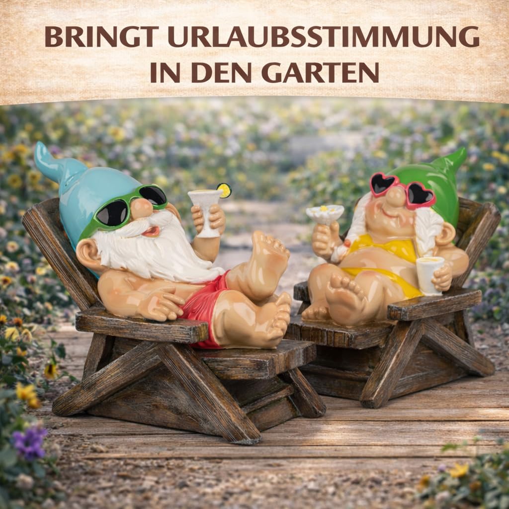 formano 2er Set Gartenzwerg Liegestuhl lustige Gartenzwerge 26cm aus Kunststein handbemalt Gartendeko Figuren mit glänzender Oberfläche für Garten Terrasse Balkon, humorvolle Outdoor Gartenfiguren
