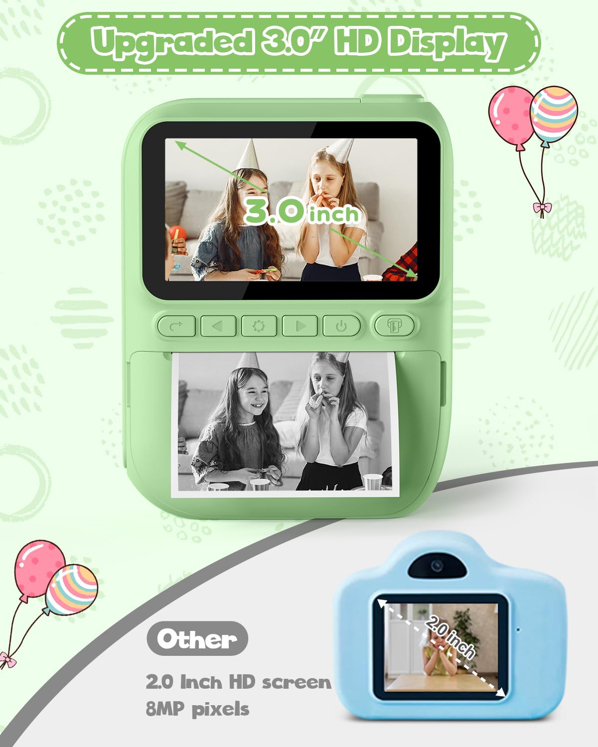 Kinderkamera Sofortbildkamera 3,0 Zoll 1080P Digitalkamera mit Druckerpapier & 32GB Karte für 3-10 Jahre (Grün)
