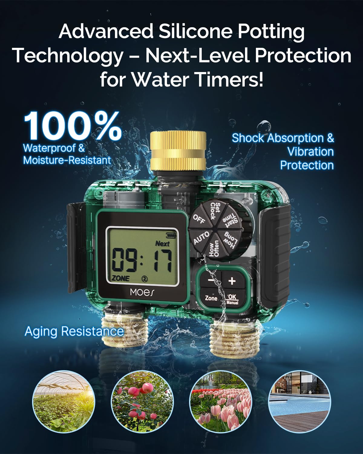 MOES Timer irrigatore a 2 uscite, ingresso e uscita in ottone, regolatore automatico programmabile per irrigazione, ritardo pioggia, irrigazione manuale, timer per tubi dell'acqua a 2 zone per