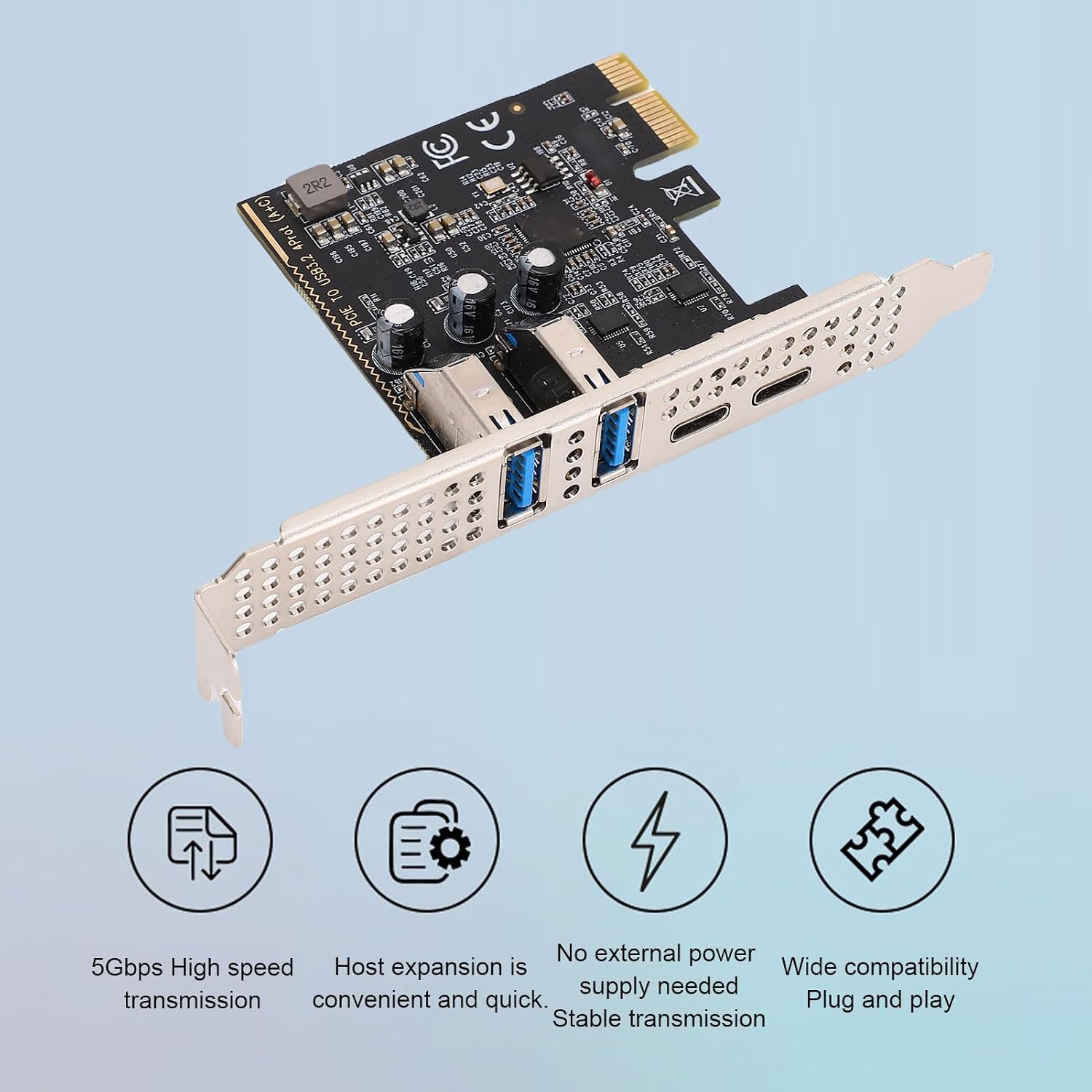 Sanpyl 4 Ports PCIe 1X to USB3.0 Expansion Card, 2 USB Type A & 2 USB Type C Ports, 5Gbps, PCIE X1 X4 X8 X16 Compatible, Plug and Play for Desktop PC Card