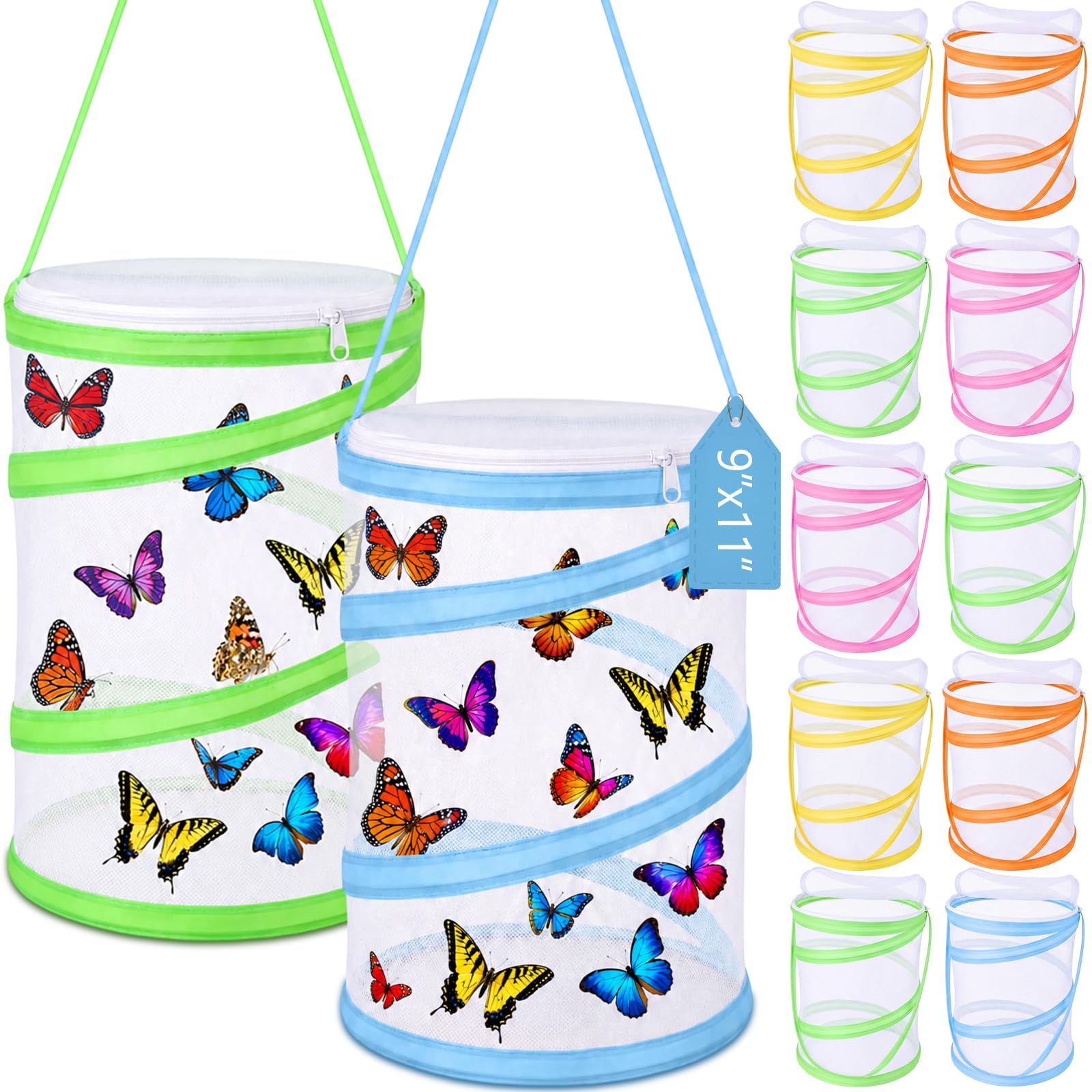 Sherr 12 Pack Butterfly Habitat Cage, 9"x11" Pop-up Mesh Butterfly Net Terrarium, Reusable Caterpillar Raising Kit, Portable Bug Catcher Enclosure for Transporting and Raising Critter (5 Colors)