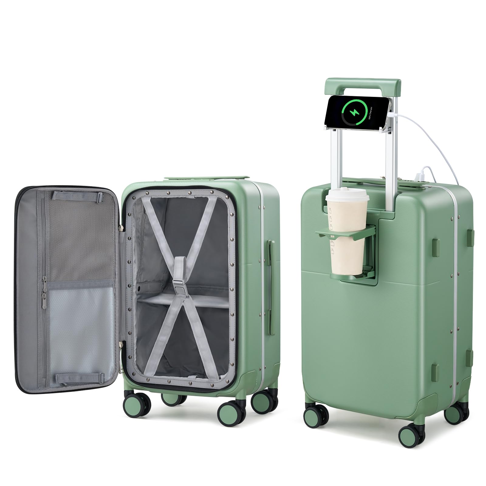 hanke 20 inch carry on luggage with cup holder and charge,top opening hard shell suitcases with wheels and dividers,aluminum frame trunk luggage small suitcase with lock for travel,forest green