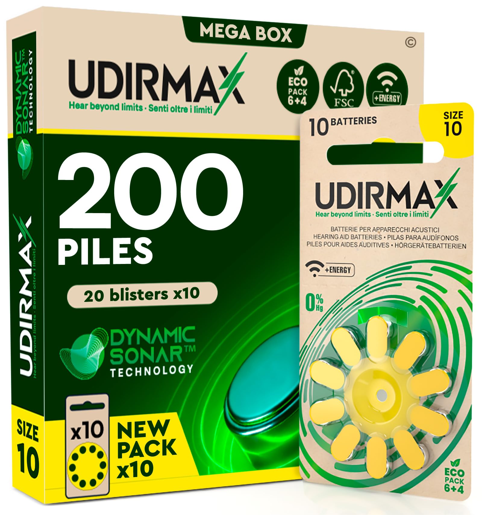 200 Piles Auditives Taille 10 Udirmax PR70 Jaune Zinc-Air Eco Pack - 20 Blisters Écologiques de 10 Piles