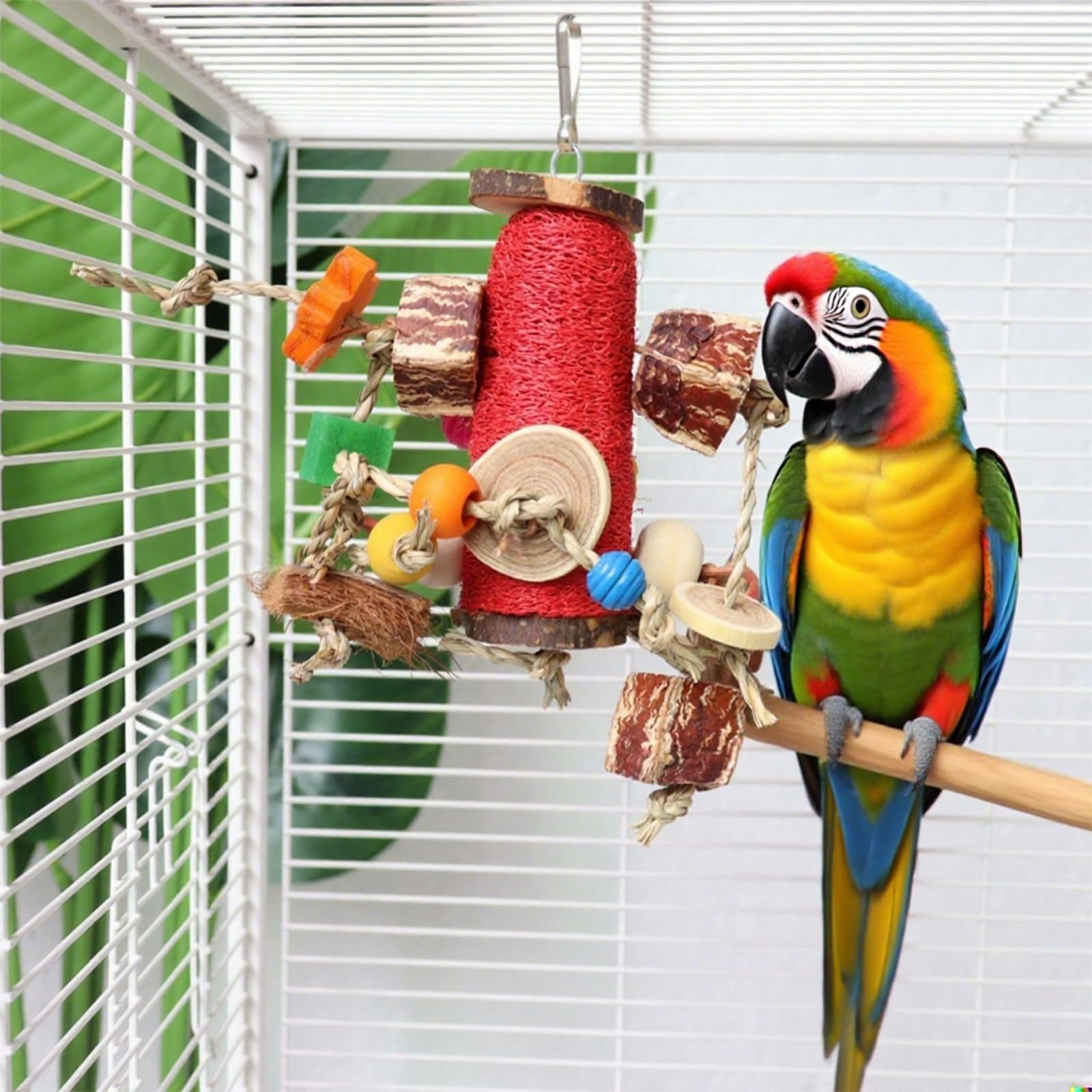 Natural Loofah Parrot Chew Toy - Hanging Bird Shredding Foraging Toy with Colorful Rope, Wood Blocks & Beads for Macaws, Cockatoos, African Grey, Conures - Bird Cage Chewing Entertainment Toy. - image 6