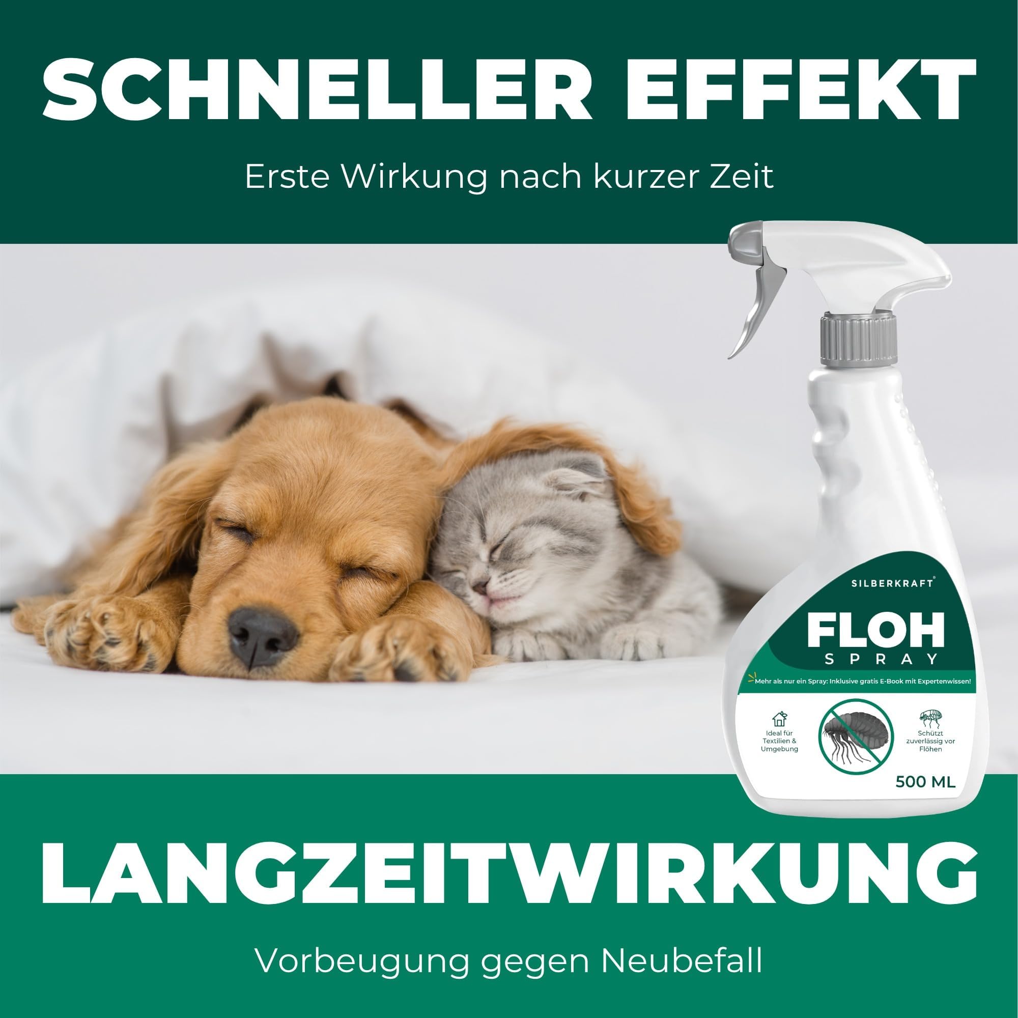 Silberkraft Flohspray für Wohnung & Möbel 500 ml - effektives Abwehr-Mittel gegen Flöhe & Larven mit Sofortschutz - Flohmittel zum Flöhe bekämpfen - hochwirksam & laborgeprüft