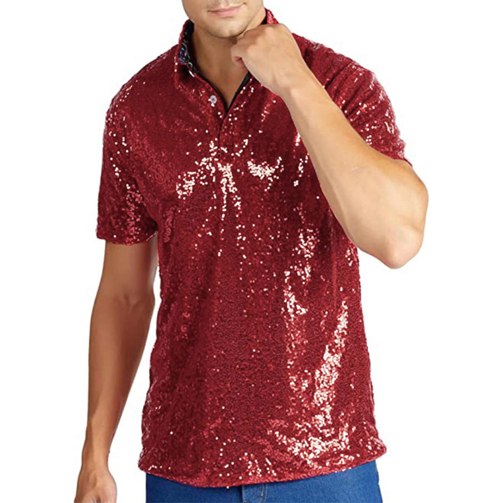 Caziffer Men's Disco Sparkle Sequins Shirt Retro Glitter Party Club Night Out Shiny Stylish Vintage Statement Costume Casual 1/4 Button Short Sleeve Tops for Vacation Streetwear (Wine Red, L)