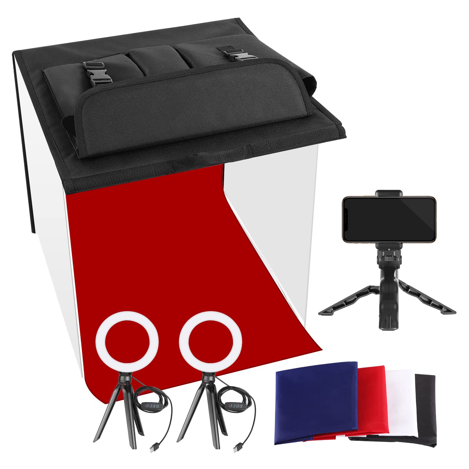 Neewer Photo Studio Box, 16x16inches Table Top Photo Light Box Continous Lighting Kit with 3 Tripod Stands, 2 LED Ring Lights, 4 Color Backdrops and a Phone Holder for Product Jewelry Food Photography