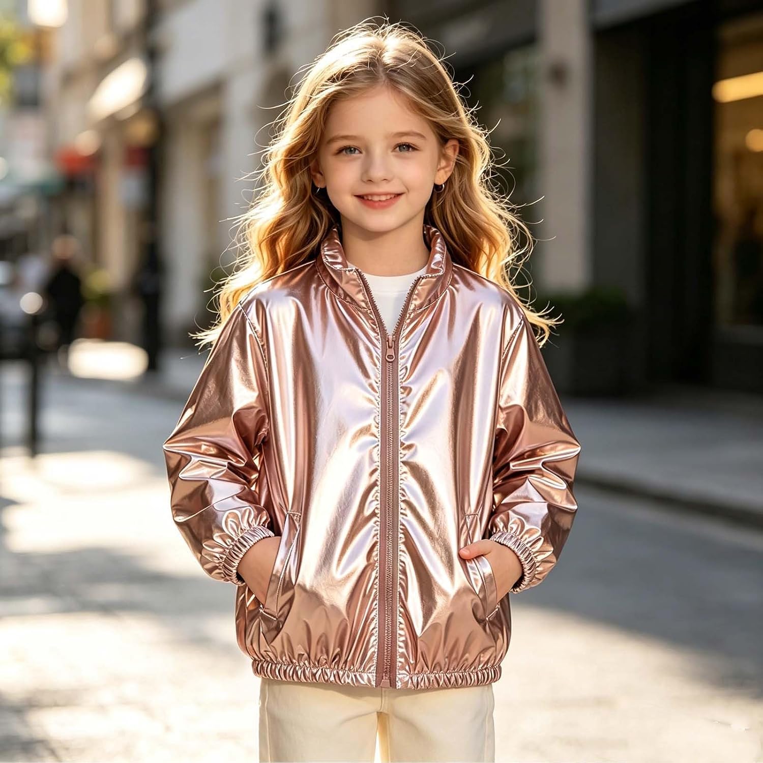 Kids Metallic Shiny Cropped Zip Jacket Y2K Party Costume