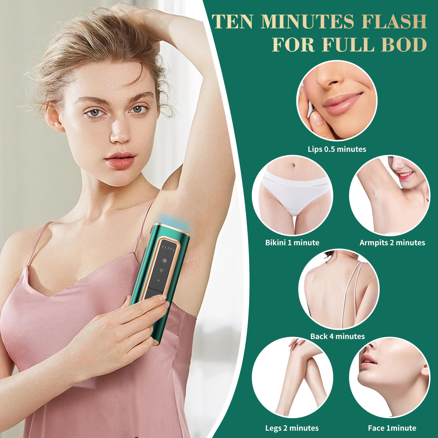 Dispositivo di depilazione laser IPL con raffreddamento a ghiaccio, per donne e uomini a casa, flash infinito, epilatore indolore per viso, ascelle, zona bikini, gambe (verde)