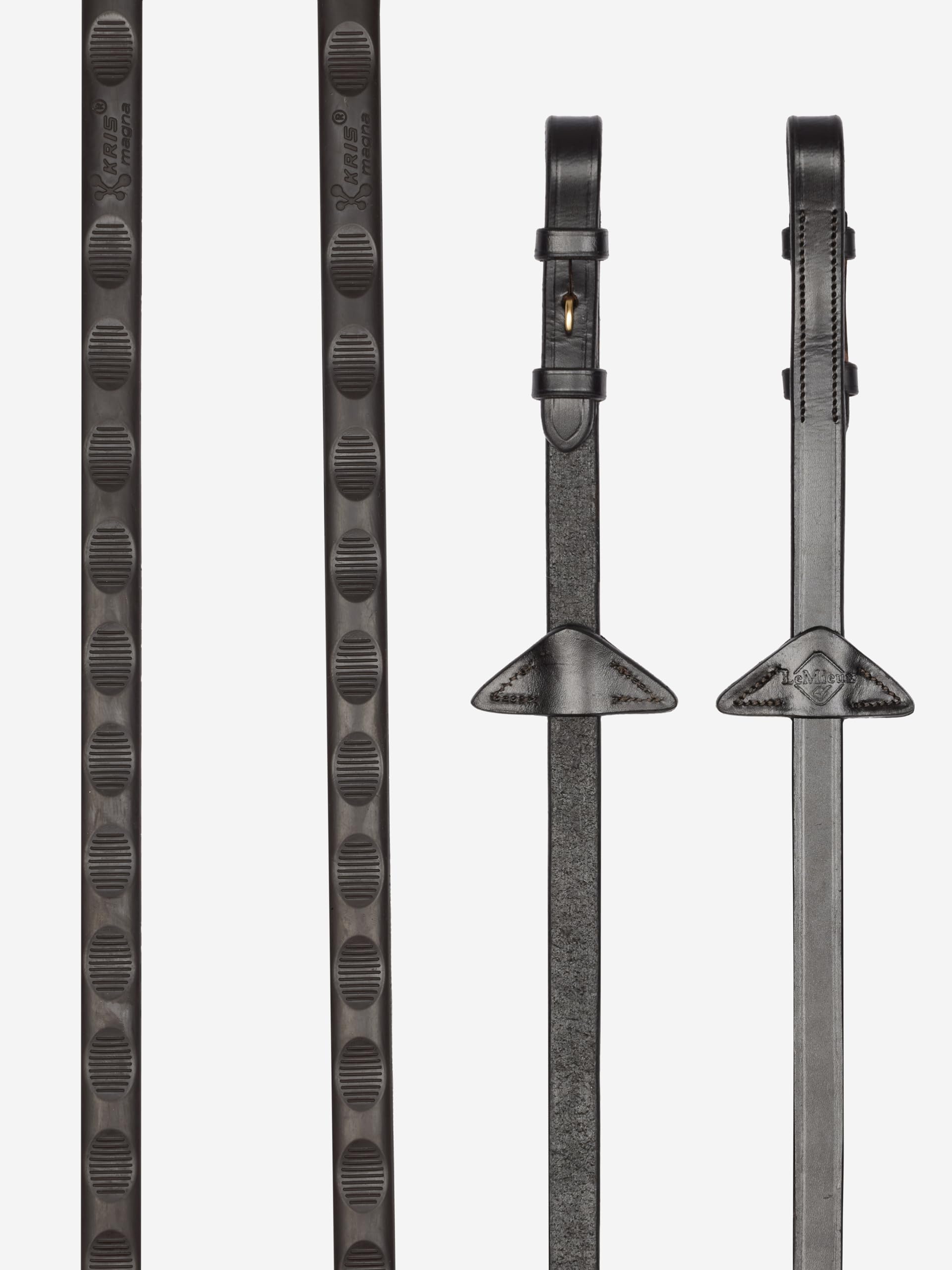 LeMieux Magna Grip Rubber Reins - Textured Thumb Shape Grip - Martingale Stoppers - Brown/Brass - Full