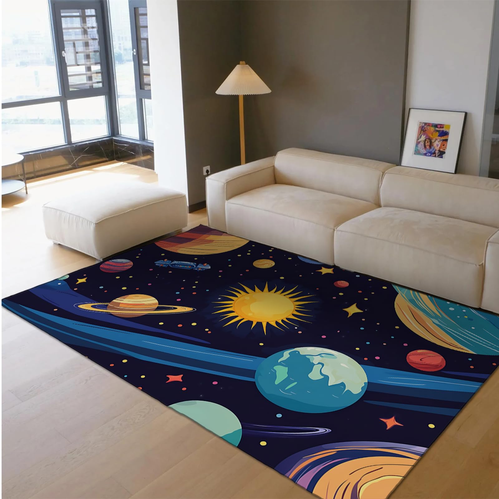 Tappeto dello spazio esterno Tappeto per astronave per la stanza dei ragazzi Tappeto dei cartoni animati Pianeta stellato Zerbino per aula Tappeto per la stanza della scuola materna 60 x 100 cm