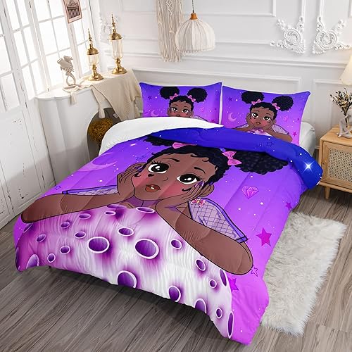 Miniatura 2 de HOSIMA Juego de edredón mágico para niñas negras, juego de edredón afroamericano para adolescentes, juego de ropa de cama de galaxia morada, tamaño