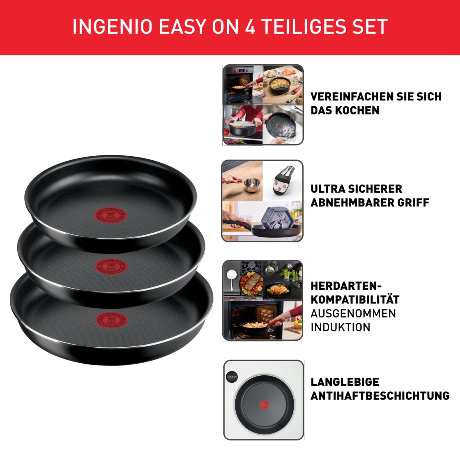Tefal Ingenio Easy On 4-teiliges Pfannenset abnehmbarer Griff, 22/ 24/26 cm, stapelbar, platzsparend, Pfannen mit Antihaftversiegelung, einfache Handhabung und Reinigung, L15992