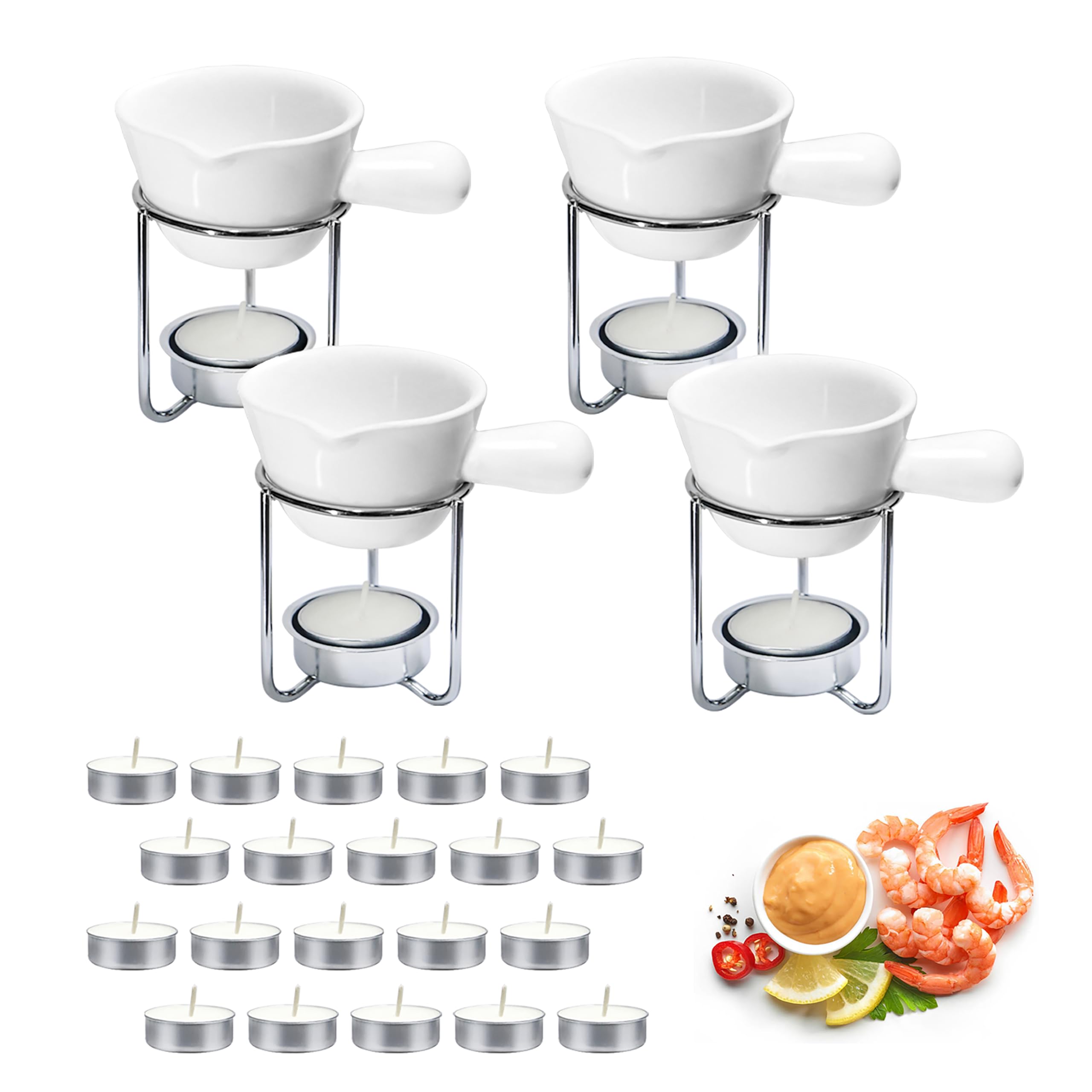 Reasim Butter Warmer for Seafood Set of 4,Lobster Butter Warmer Crab Butter Warmer Set with 20 Pcs Tealight Candles,Ceramic Drawn Butter Melter for Chocolate Cheese,Fondue Seafood Boil Party supplie
