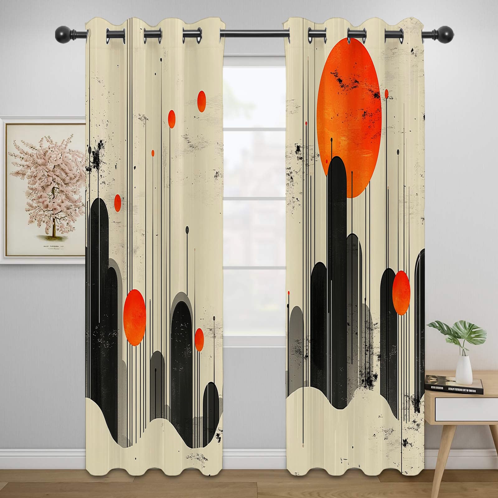 Vorhänge Blickdichte Retro - Minimalistisches Oranges Sonnenabstrakt Raumverdunklung, Vorhänge für Wohnzimmer und Schlafzimmer-H180 x B100 cm (2er Pack)