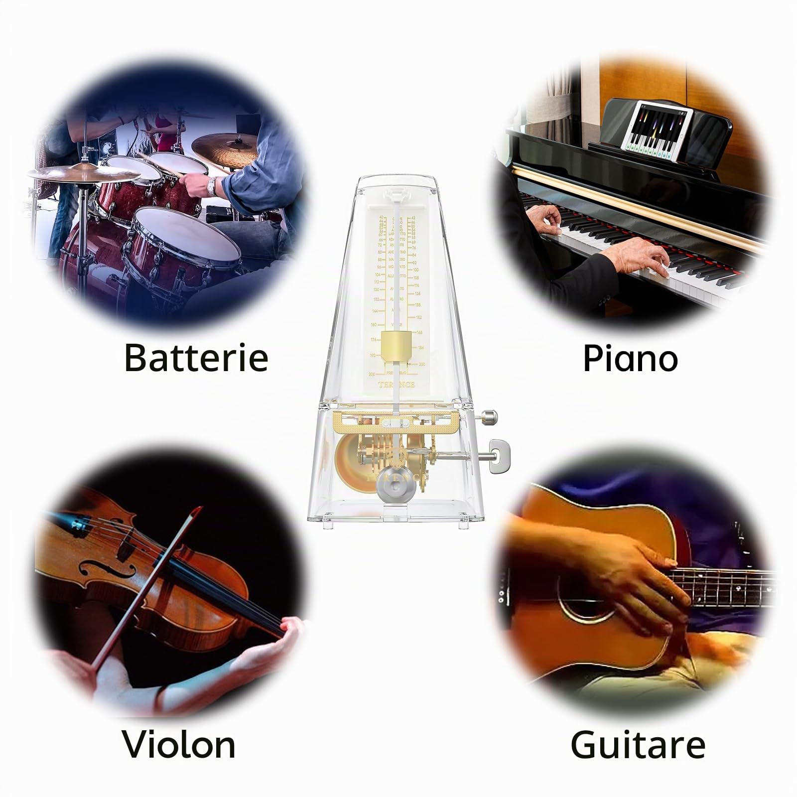 TERENCE Métronome Mécanique avec Minuterie et Tempo Précis Métronome en Métal Pour Guitare Piano Guitare Basse Tambour Violon Transparent