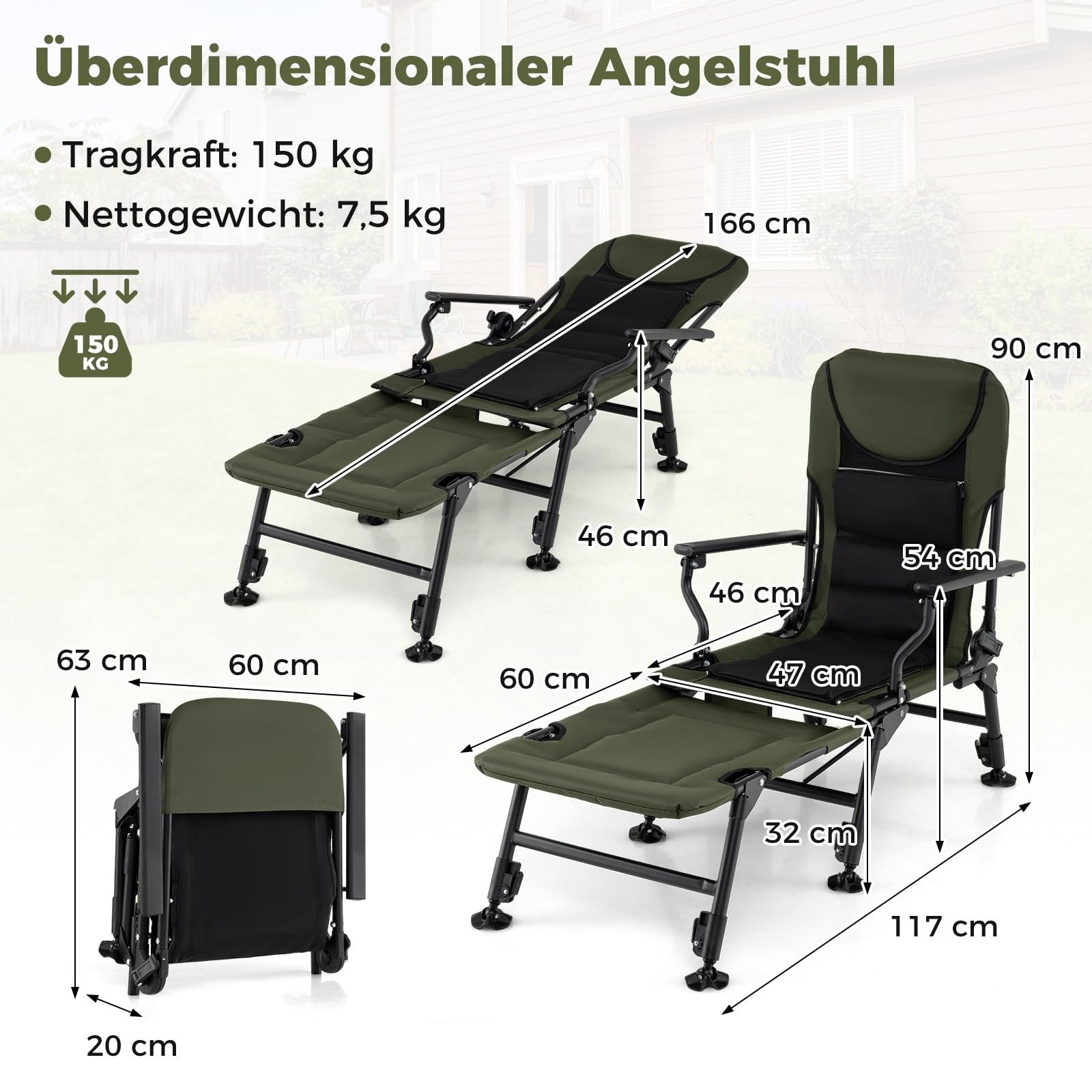 COSTWAY Angelstuhl mit Abnehmbarer Fußablage, Campingstuhl mit Verstellbarer Rückenlehne & gepolsterter Hochlehne, Karpfenstuhl höhenverstellbar, Faltbarer Fischerstuhl für Camping, Angeln, Zelten
