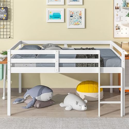 Cama tipo loft de tamaño matrimonial para niños y niñas, cama tipo loft de madera completa con riel de protección de seguridad y escalera, marco de