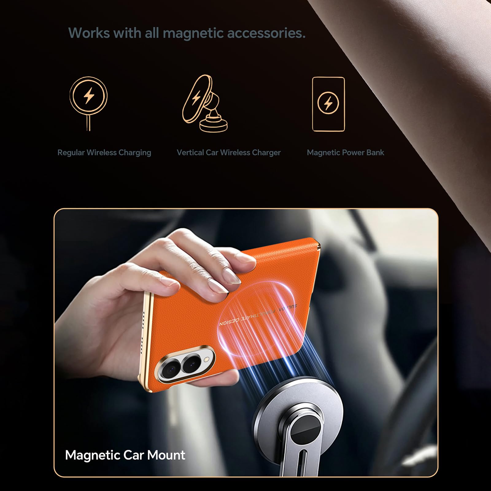 Custodia Magnetica For Samsung Galaxy Z Fold 8, Con Copertura Protettiva For Obiettivo Con Cerniera Custodia In Vera Pelle Elettrolitica Di Lusso Da Lavoro(Orange)