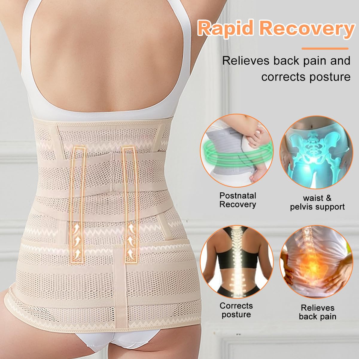 Ceinture Post Accouchement, 2 en 1 Ceinture Abdominale Femme Gaine Post Accouchement, 4 Patchs Ceinture Post Partum Cesarienne avec Ceinture Pelvienne Ceinture Ventrale Post-partum(Beige)