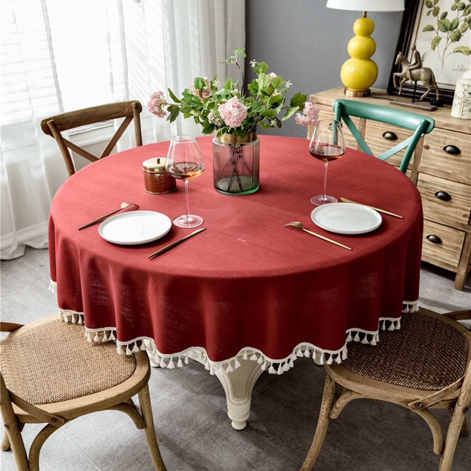 Nappe Anti Tache Ronde 260 cm, Nappe Table Basse Polyester 6-8 Personnes Rouge Uni avec Pompons