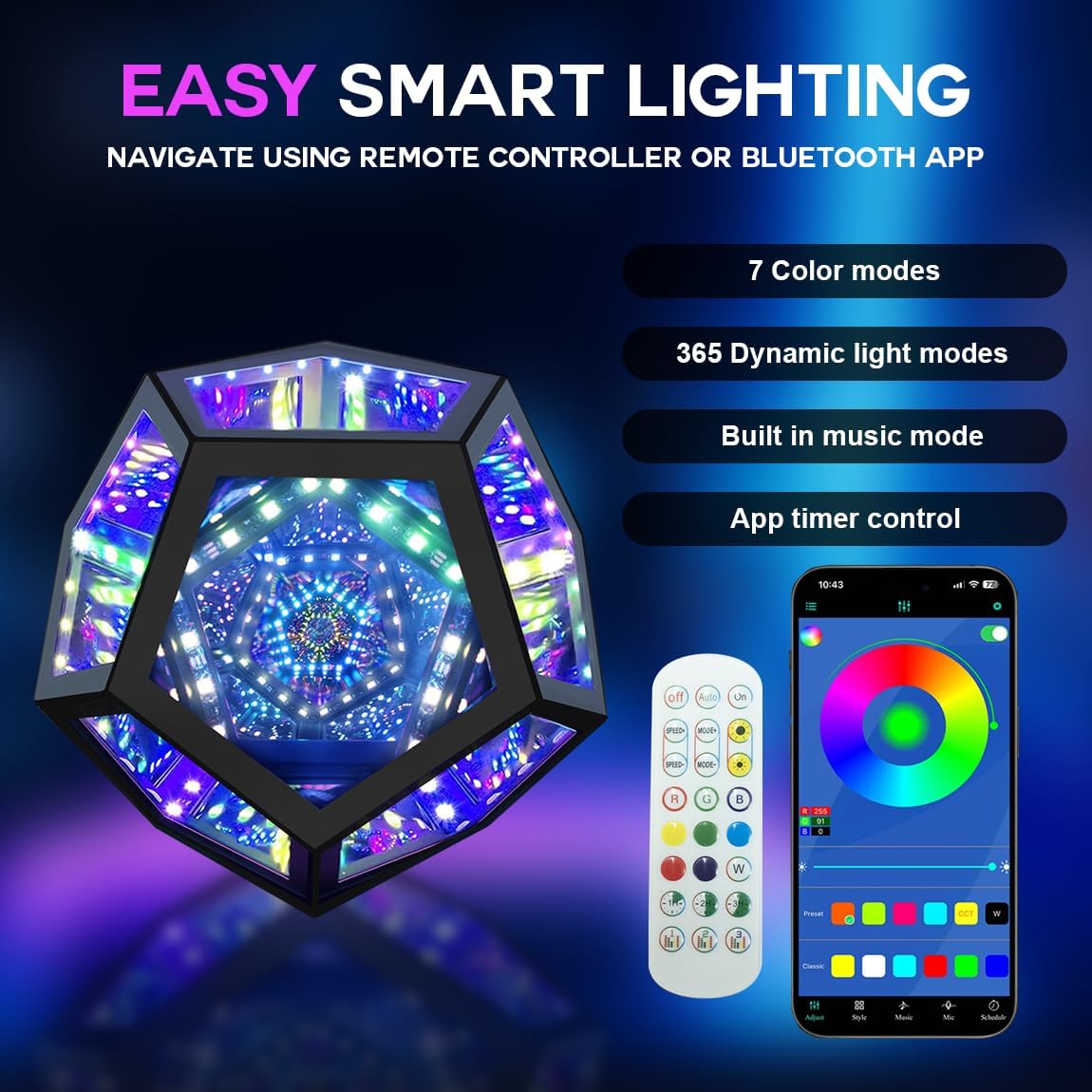 Lumoonosity Infinity Mirror Light - Dodecahedron Light for USB Powered - Infinity Lamp for Customizable Color Changing - Dodecahedron Lamp with Music Sync with Timer Function