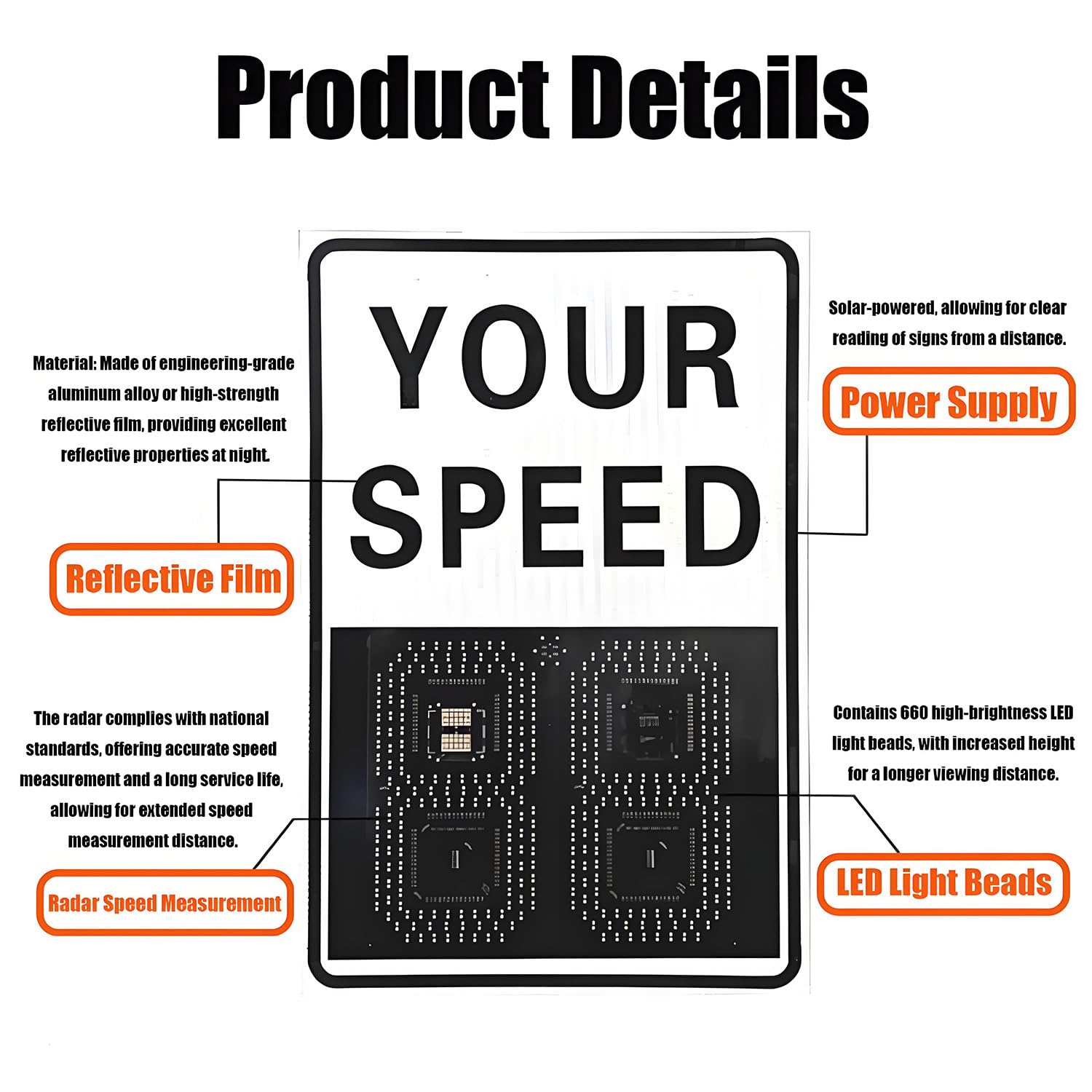 Señal de límite de velocidad con radar solar, pantalla LED, detector de radar solar, señales de tráfico de aluminio resistentes a la intemperie con kit de montaje y control remoto. Orange-50*70cm