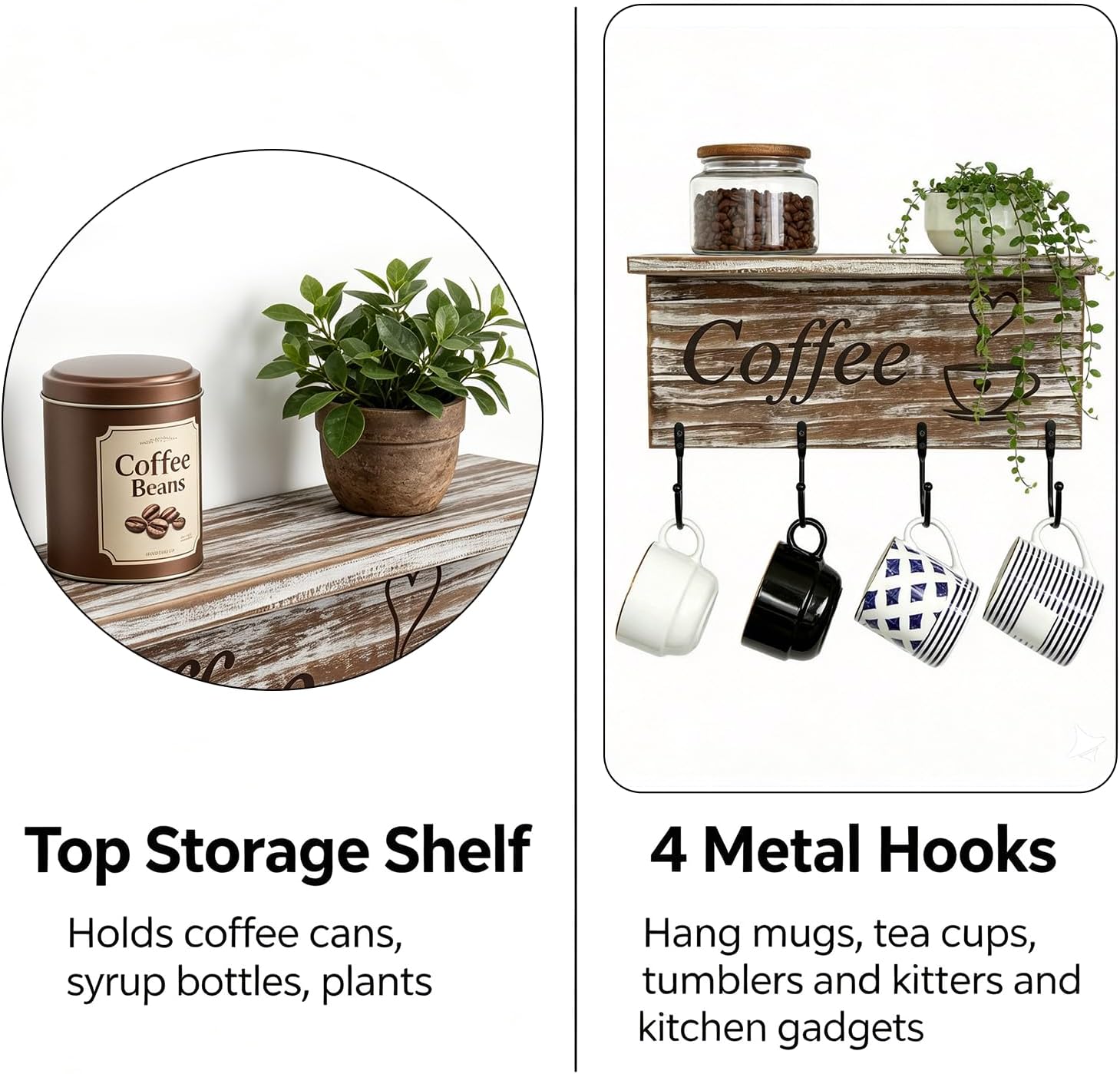 Wooden Wall Mug Rack, 4-Hook Rustic Coffee Cup Holder