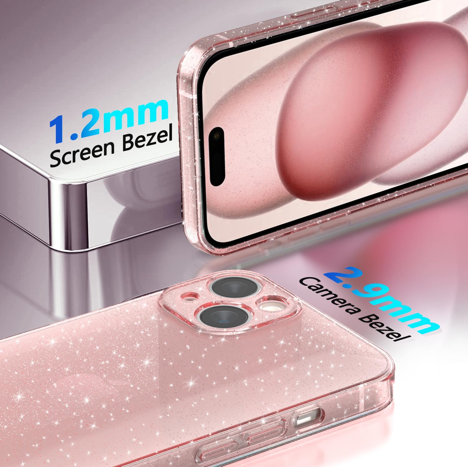 Cover Compatibile con iphone 15 Custodia Glitter, 2 Pezzi Pellicola Protettiva in Vetro Temperato, Brillantini Custodia Morbido TPU Protezione Trasparente Antiurto Case - Rosa