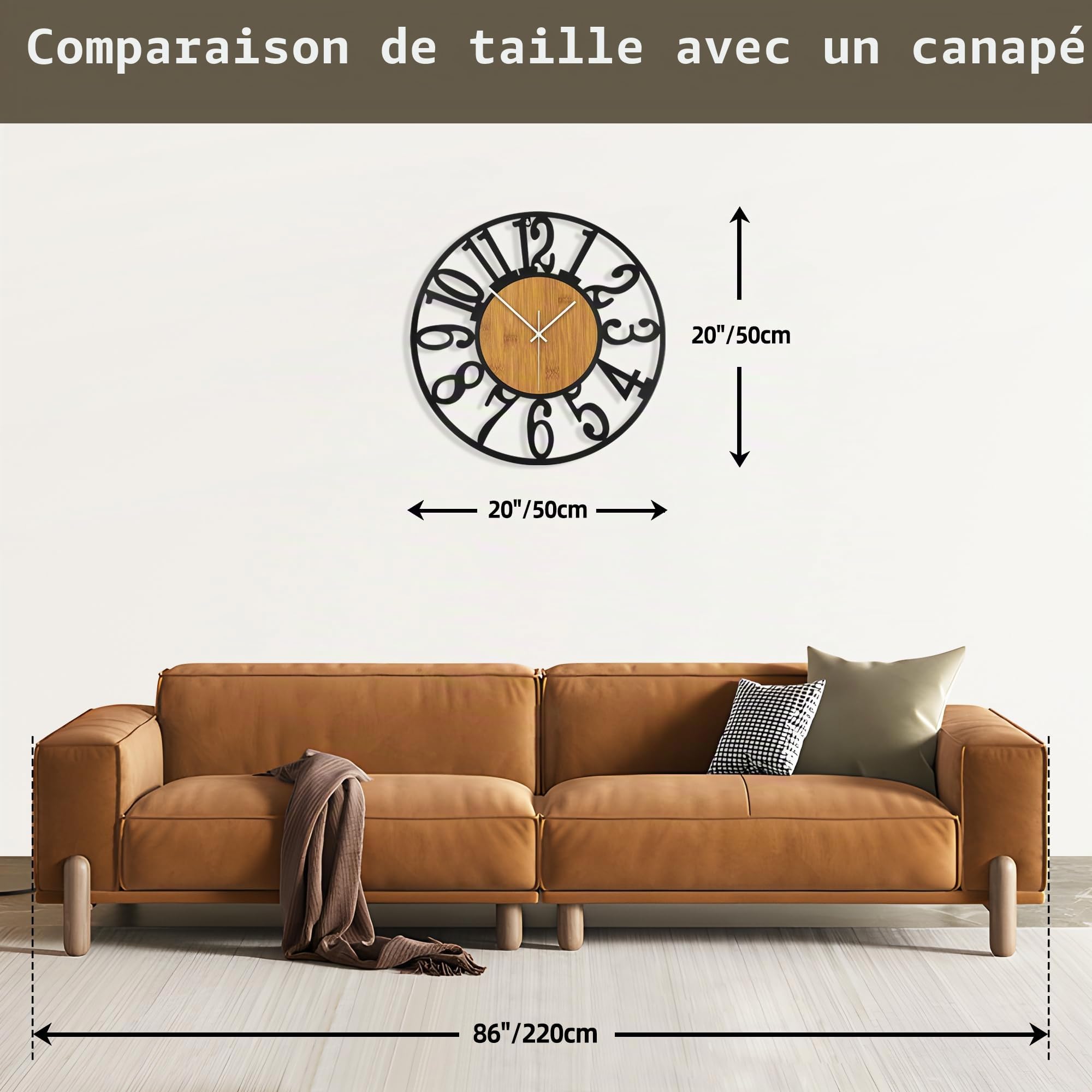 Horloge murale 50 cm silencieuse bois métal noir moderne salon cuisine