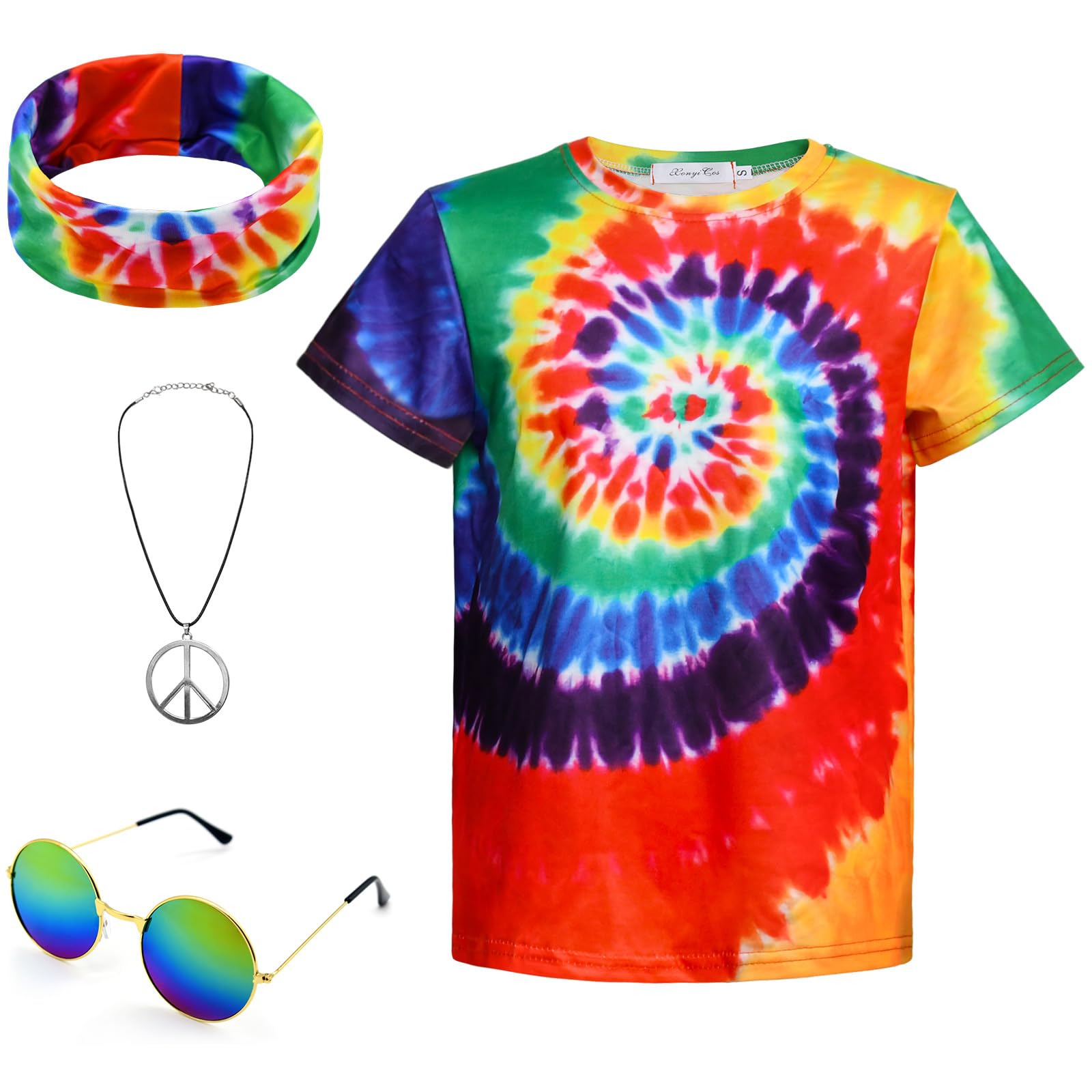 Boys Hippie Costume 60S 70s Colourful Tie Dye T-Shirt 4 Pieces Accessory Set for Children, Rainbow colour, 9-10 Jahre