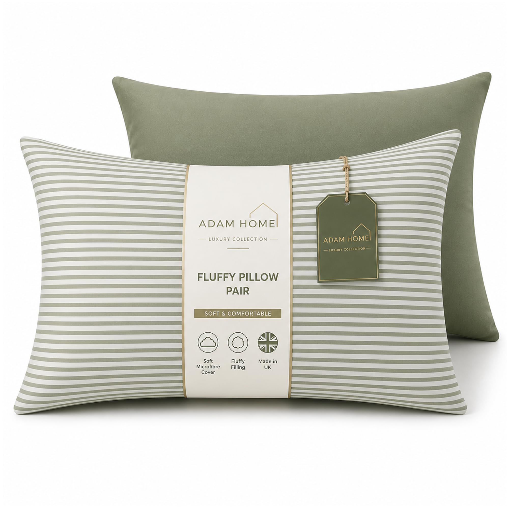 Adam Home Pillows 2 Pack Hotel Quality Stripe Bed Pillows Hypoallergenic & Anti Dust Mite Resistant Firm Support Side Sleeper Bounce Back Pillow|Green