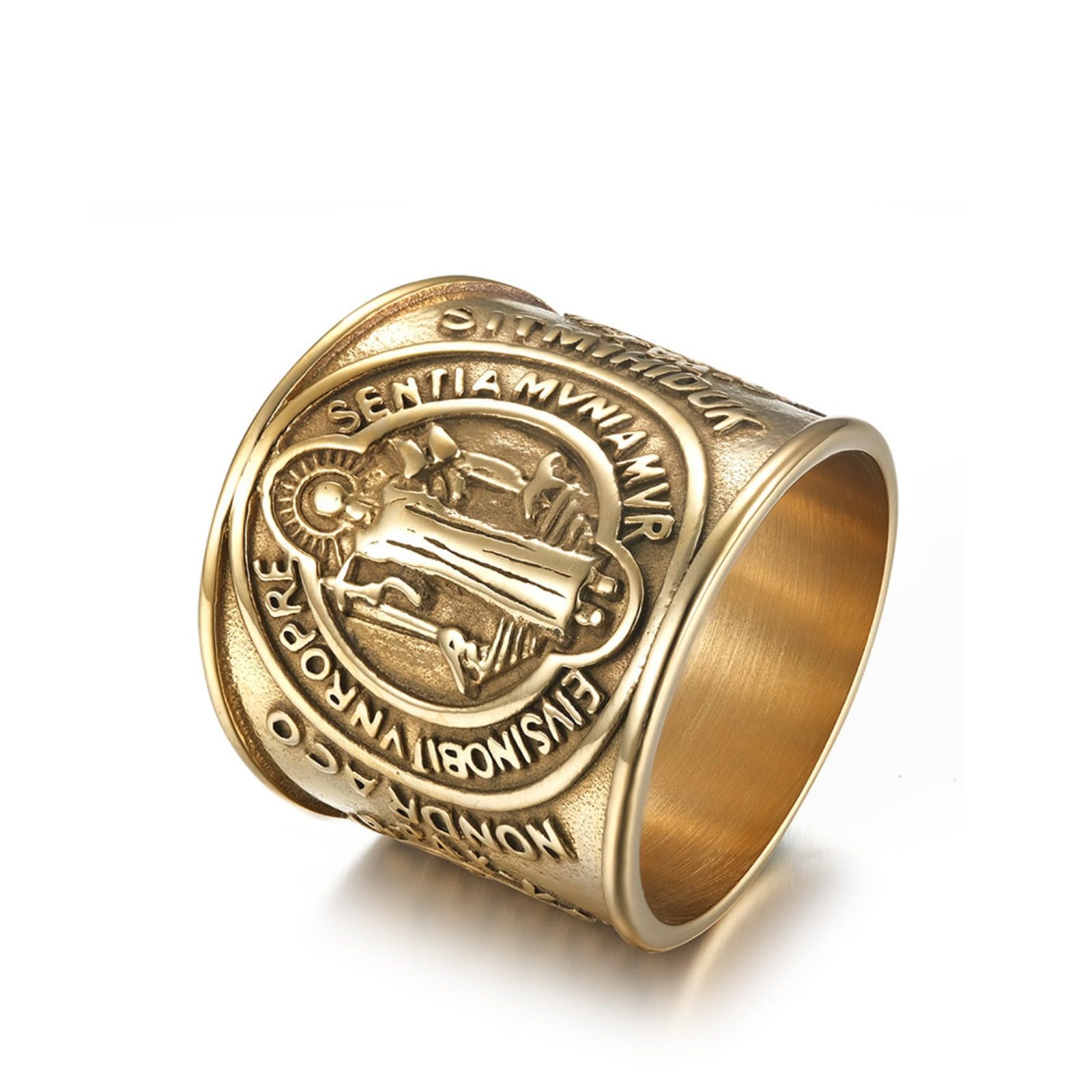 VHJdtE Rings, Saint Benedict Image Titanium Steel Benedictine Medal Side Design Religious Amulet Exorcism Jewellery(Gold,S)
