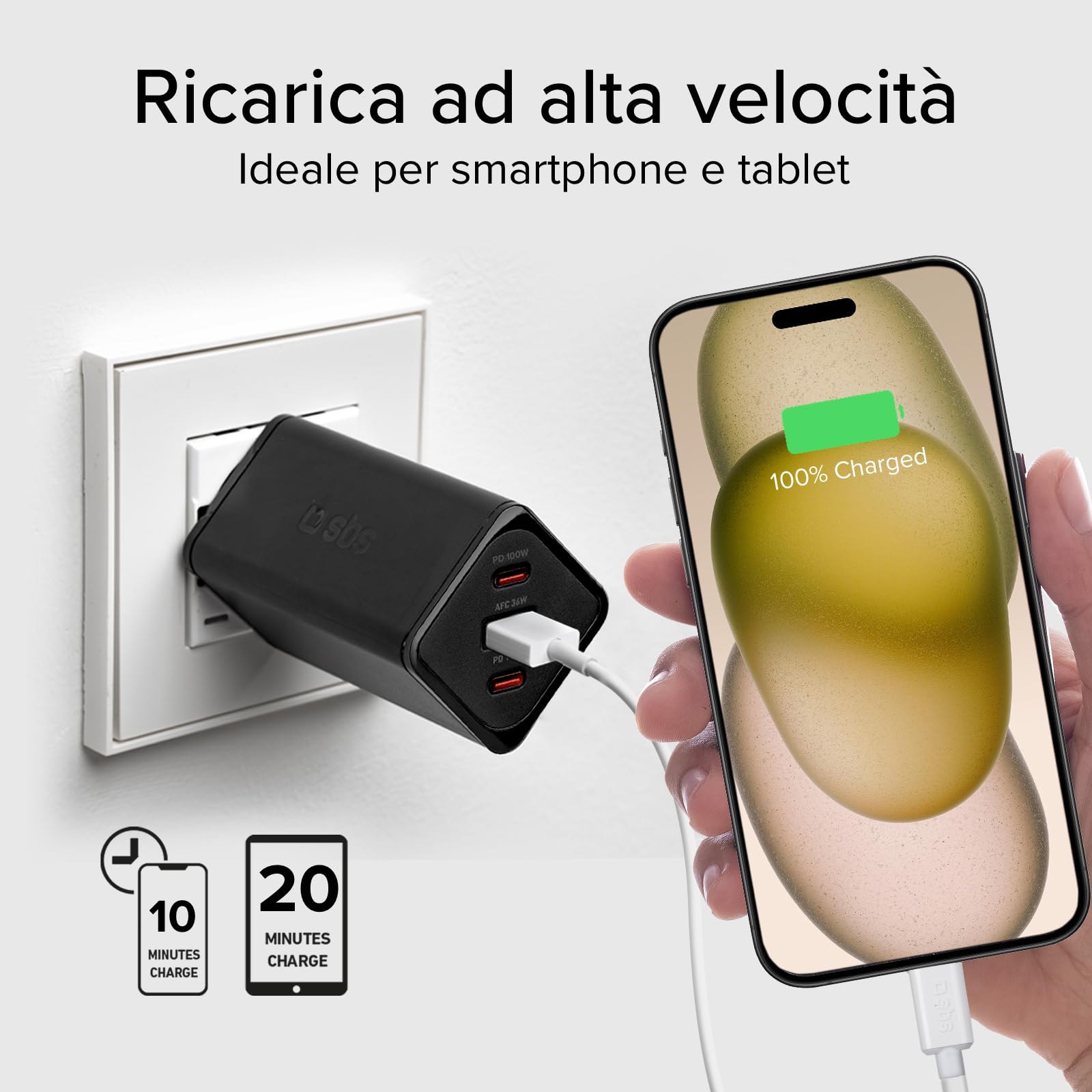 SBS Alimentatore Slim USB-C 100W, Tecnologia GaN, Power Delivery (PD), Ricarica Rapida, Adaptive Fast Charge (AFC), Caricatore iPhone, iPad, MacBook Air, Samsung, Tablet, Smartphone, Notebook, Nero