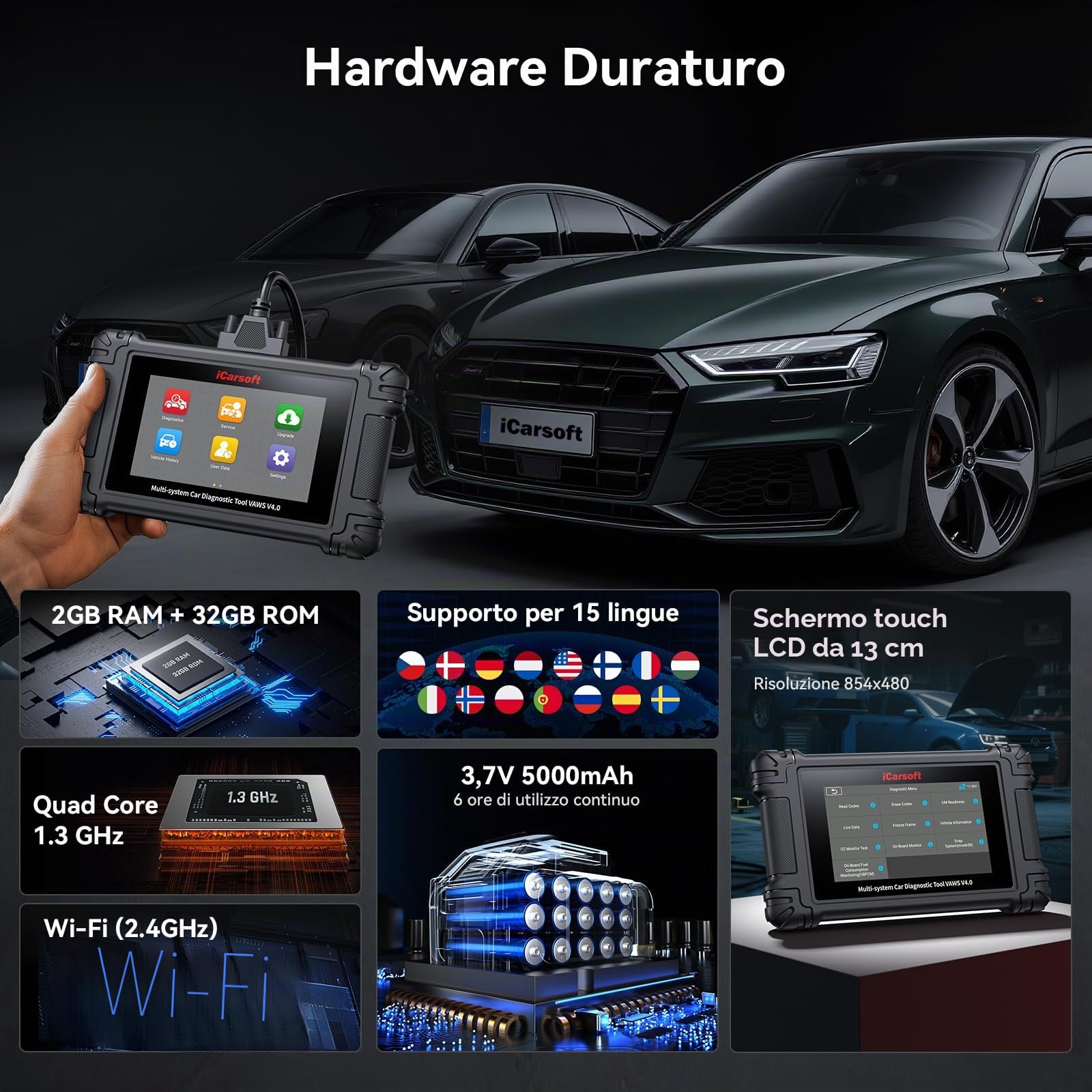 iCarsoft VAWS V4.0 OBD2 Diagnostica per VW/Audi/Skoda/Seat + 2 Marche Opzionali, Diagnosi Auto Professionale di Tutti i Sistemi, 43 Servizi per VAG, Test Bidirezionale, Auto VIN, Aggiornamento WiFi