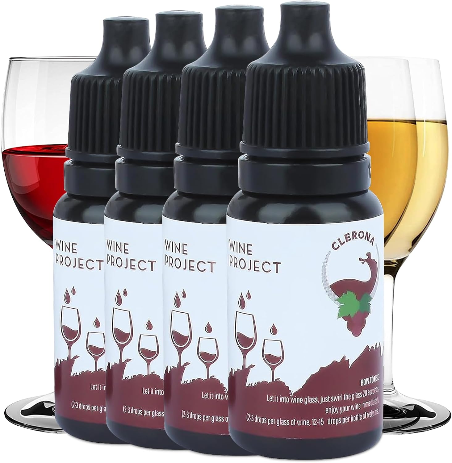 Wine Sulfite Remover Drops, Clerona Wine Filter Drops, Wine Filters for Histamines and Sulfite, the Wine Purifier, Naturally Eliminate Wine Sensitivities and Allergies, (Bottle of 4)