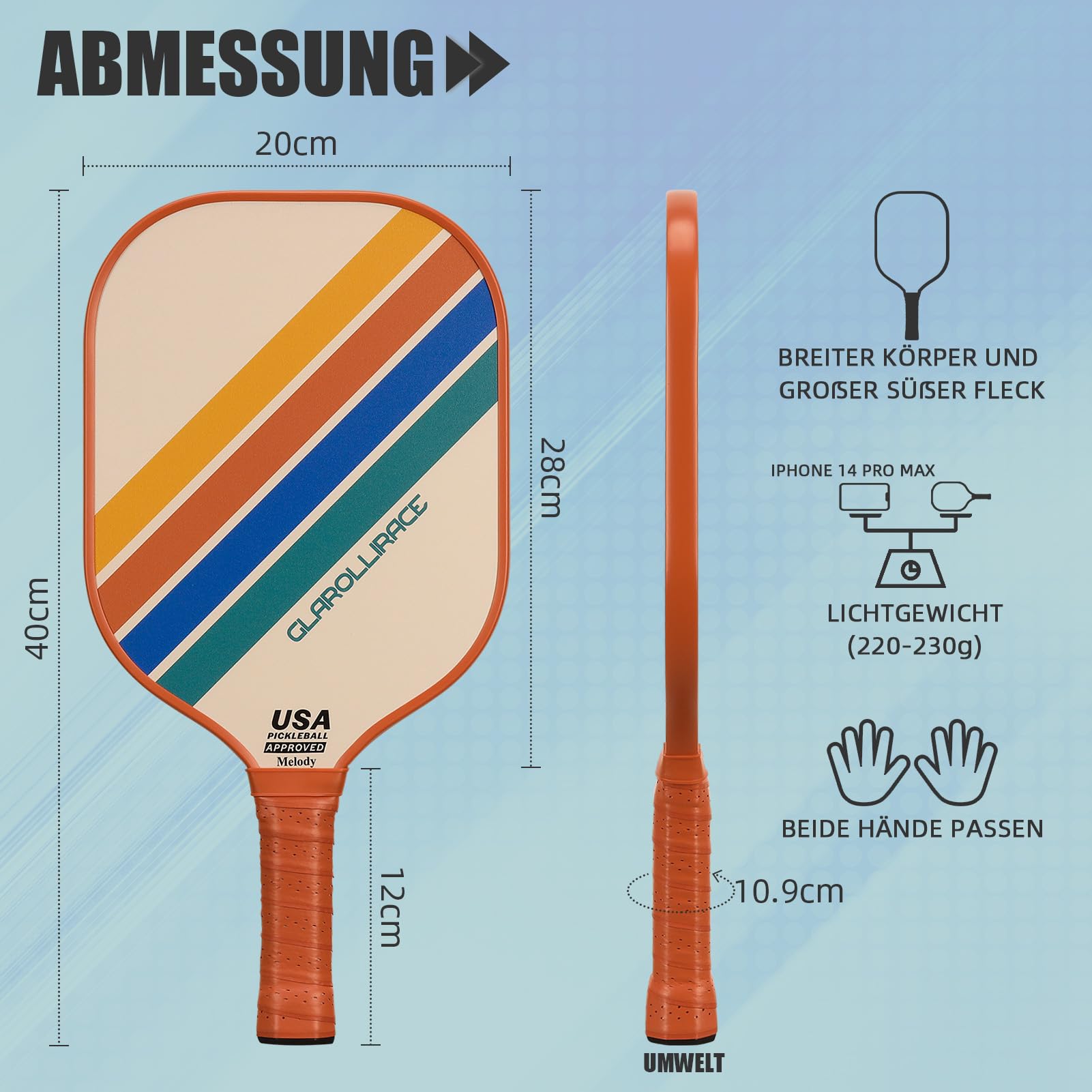 Pickleball Paddle Set mit 2 | 4 Fiberglas Fledermäusen, USAPA genehmigt, Pickleball Paddle, Fiberglas Oberfläche und PP Wabenkern, atmungsaktiver Griff, 4 Innen- und Außenbälle, 1 Tasche