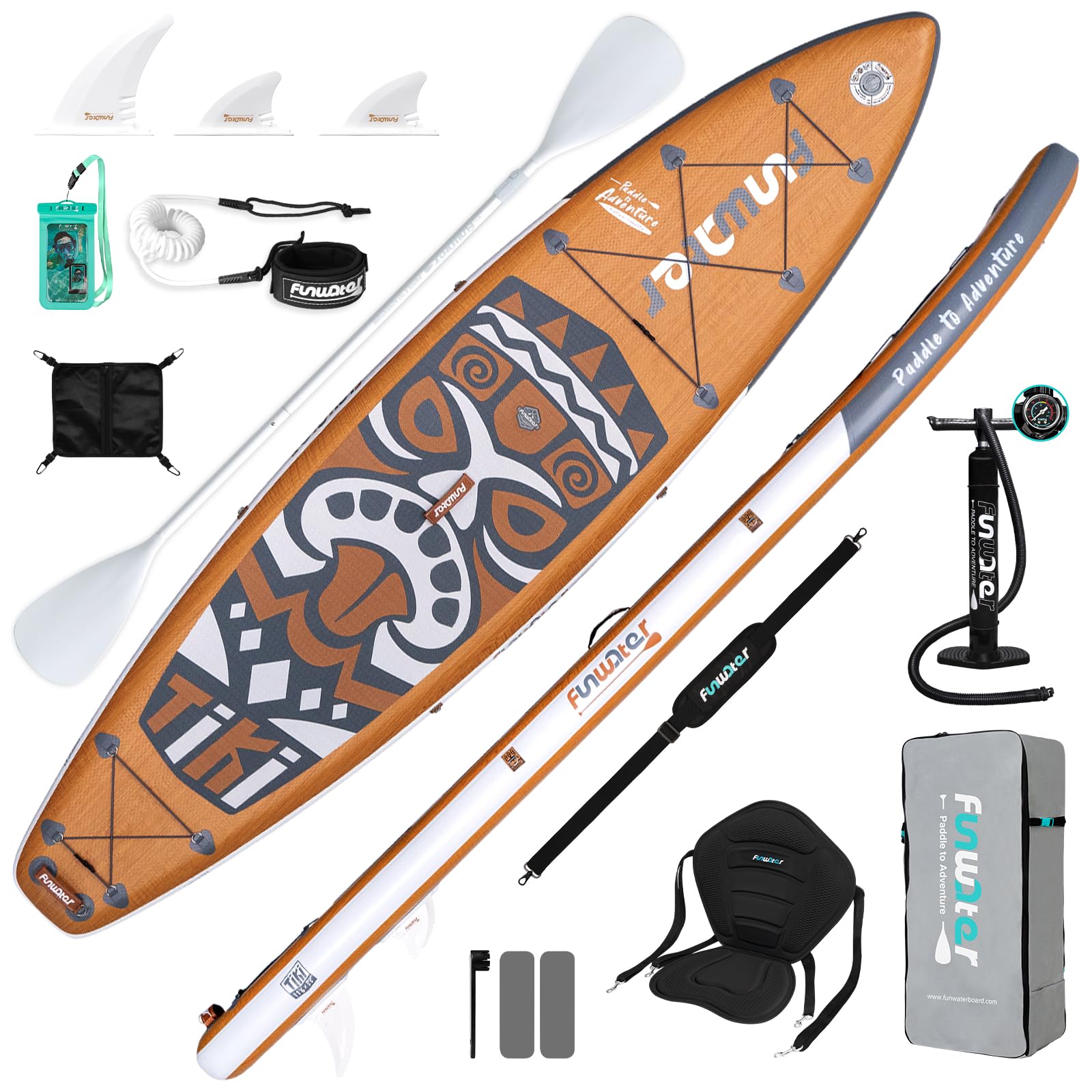 FunWater 11’6"x 33" Extra Long Inflatable Stand Up Paddle Board for 2+1 People Family Friendly Tiki Paddleboard with SUP Accessories