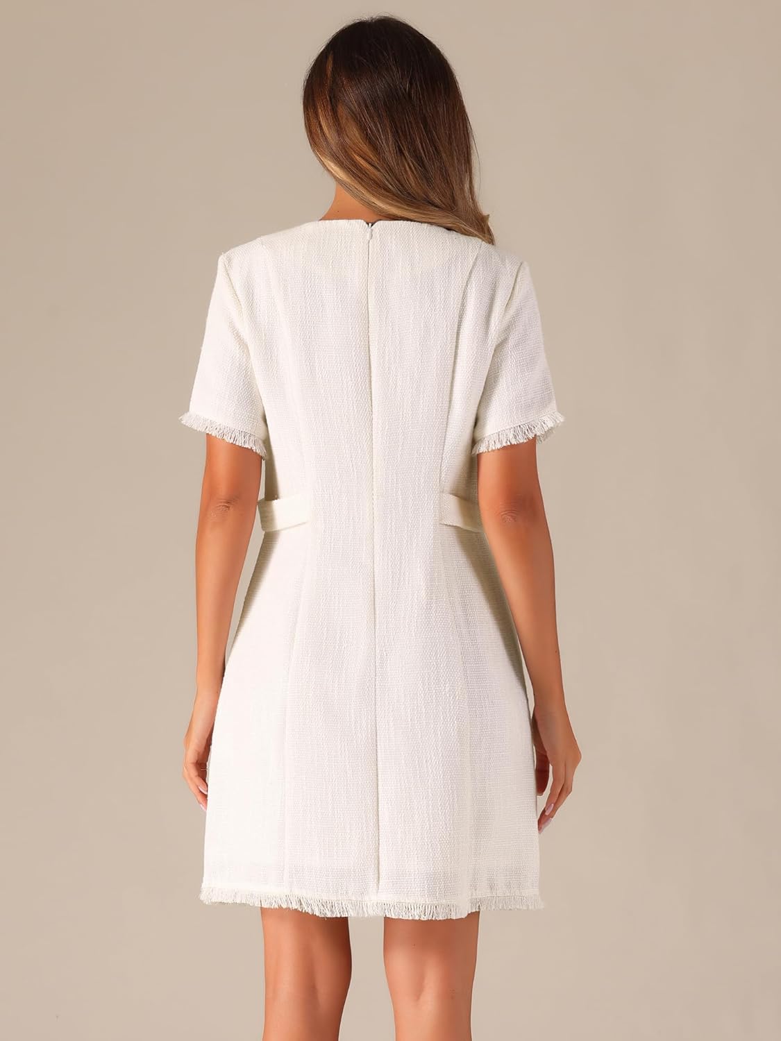 Allegra K Tweed Sweater Dress for Women's Round Neck Short Sleeves Work Elegant Casual Knit Shift Dresses - Image 3