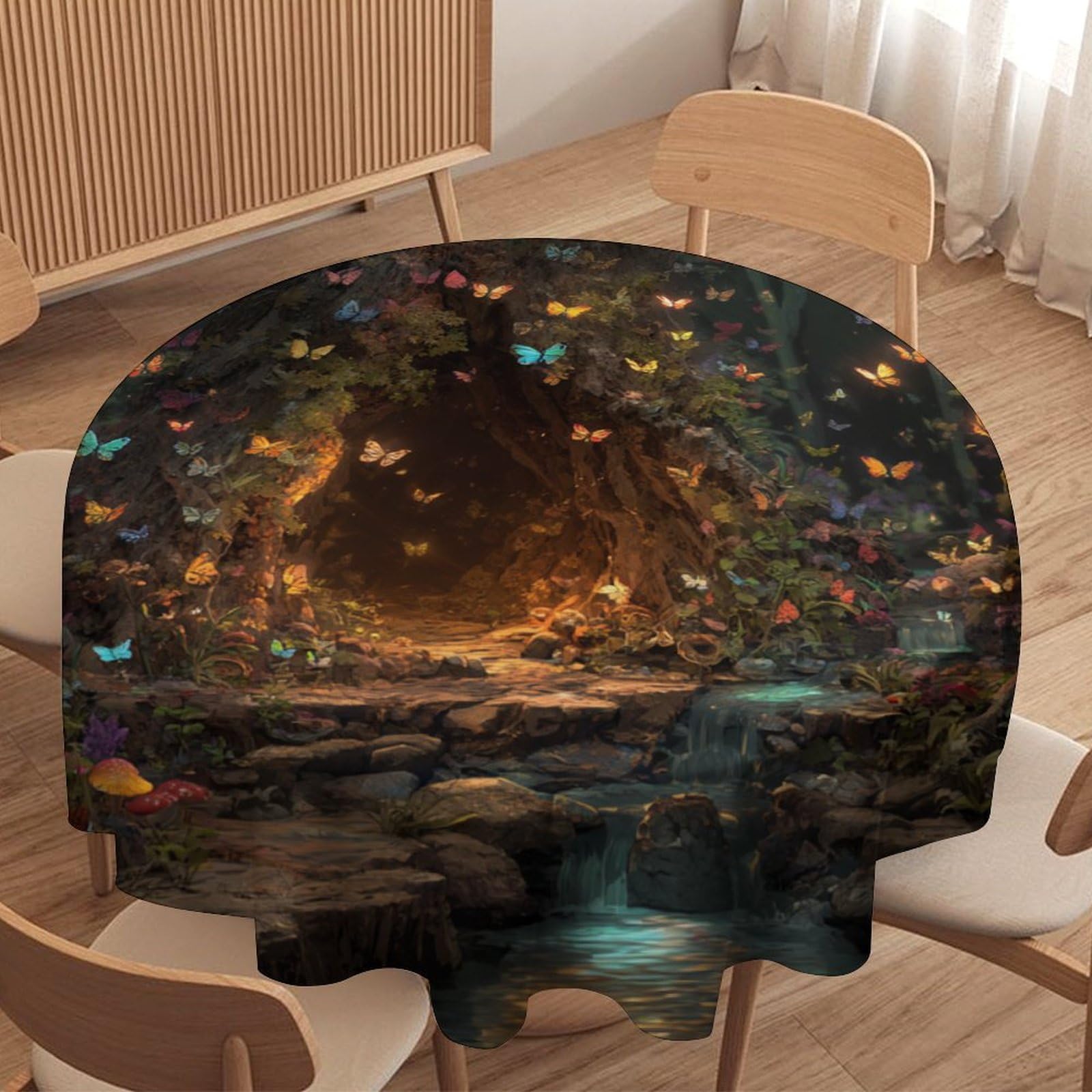 LUYYSKY Beautiful Fantasy Enchanted Forest Round Tablecloth Colorful Romantic Fairytale Wonderland Animals Butterflies Washable Decor for Table Cover for Kitchen-127 Wx127 L cm