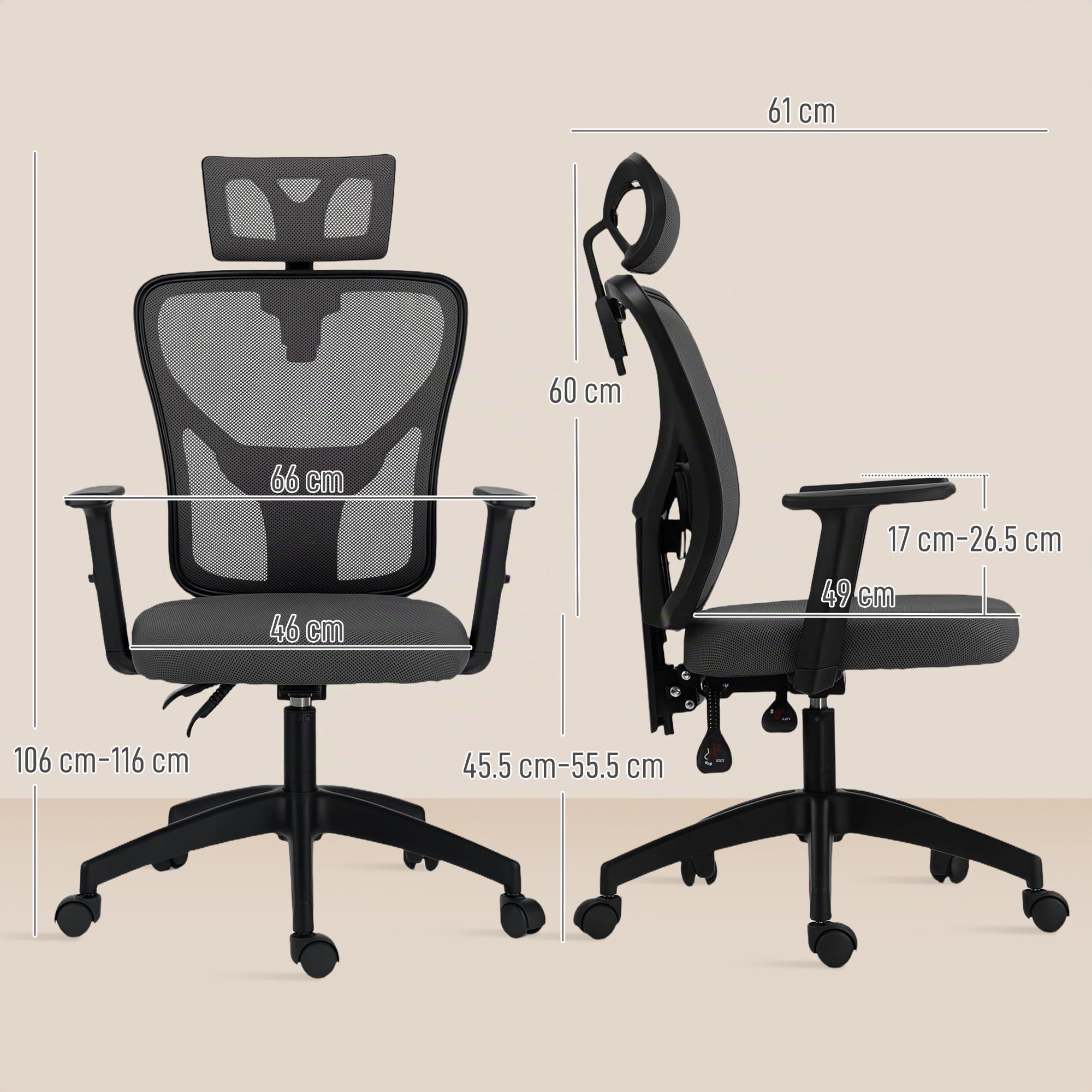Vinsetto Sedia Ufficio Ergonomica 106-116cm Altezza Regolabile Grigio Scuro