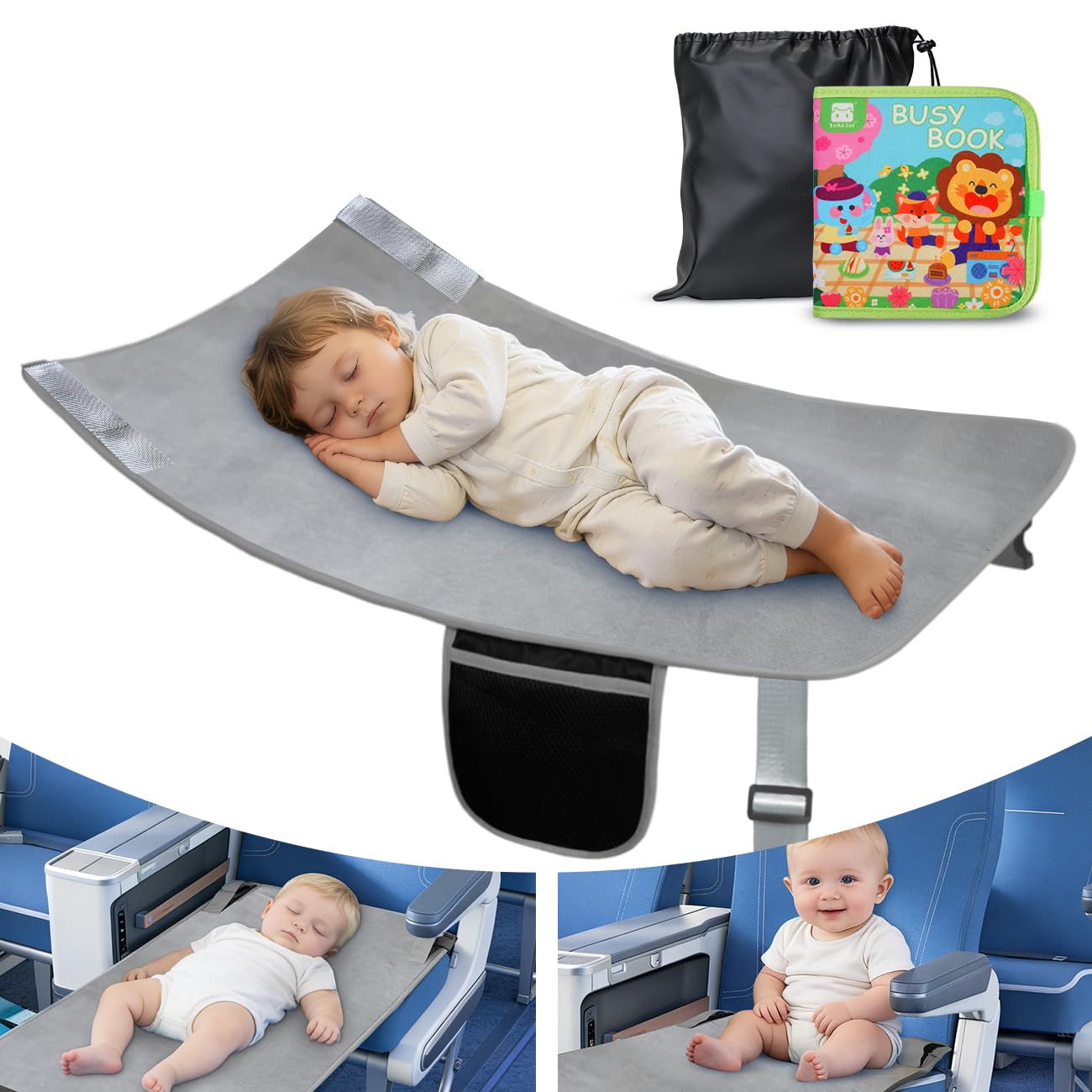 Toddler Airplane Bed & Travel Essentials - Kids Airplane Seat Extender with Farm Busy Book, Portable Plane Footrest for Long Flights, Soft Velvet, Gray