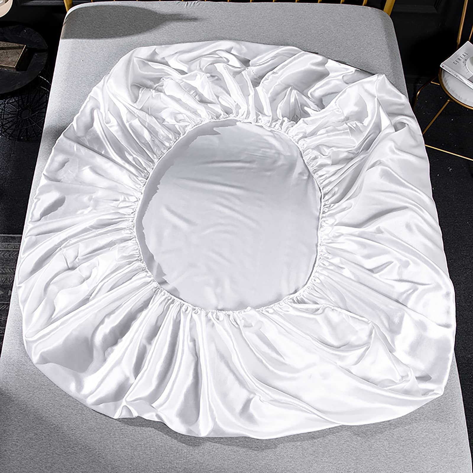 Jemiipee Spannbettuch Einfarbig Satin Seide Glänzend Betttuch Leintuch 200x200 cm für Matratzen bis 35cm Spannbettlaken Set 4teilig mit Bettlaken, Spannbettuch, 2 Kissenbezüge - Weiß