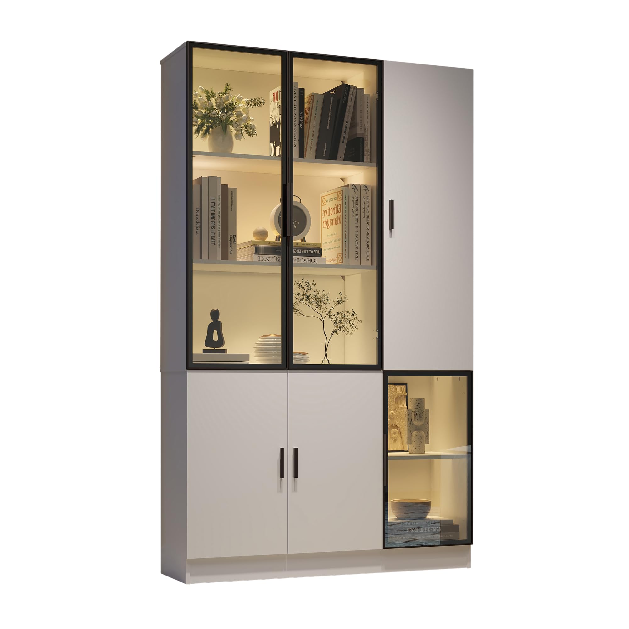 Vitrine mit Glasschrank Tür und LED-Licht, Vitrinenschrank Glasvitrine mit MultiStorage Bücherregal, Highboard Sammlervitrine mit Griff, Wohnzimmerschrank, Weiß+Schwarz, 120x35x200 cm