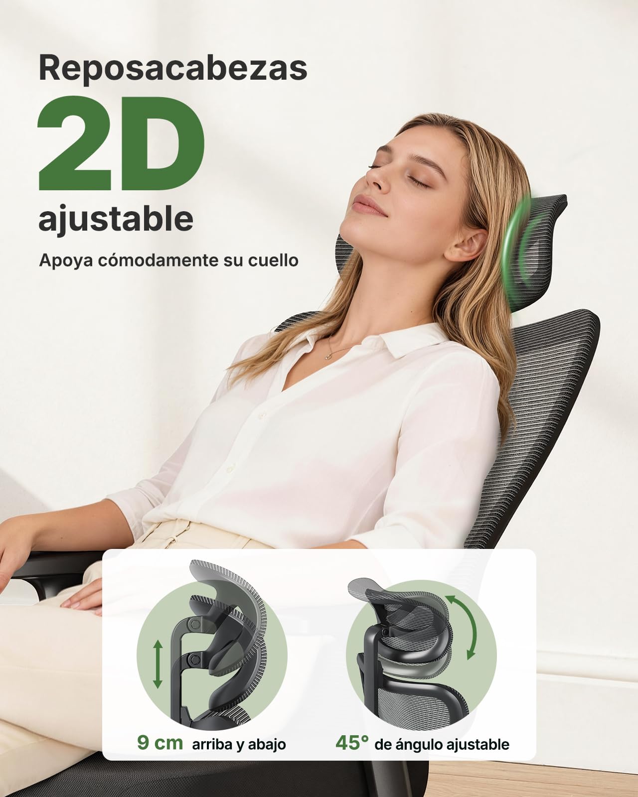 Marsail Silla Oficina, Silla Escritorio Ergonómica con Reposacabezas 2D, Soporte Lumbar 2D, Reposabrazos Plegables 3D, Asiento 8 cm, Altura Regulable, Función Basculante, hasta 136 kg