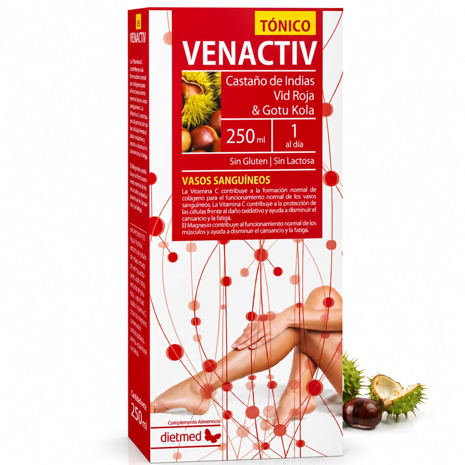 Circulación y Piernas Ligeras con Castaño de Indias, Centella Asiática y Vid Roja - Apoyo a Vasos Sanguíneos y Bienestar Circulatorio - Con Magnesio y Vitamina C - Sabor Arándano 250 ml - DietMed