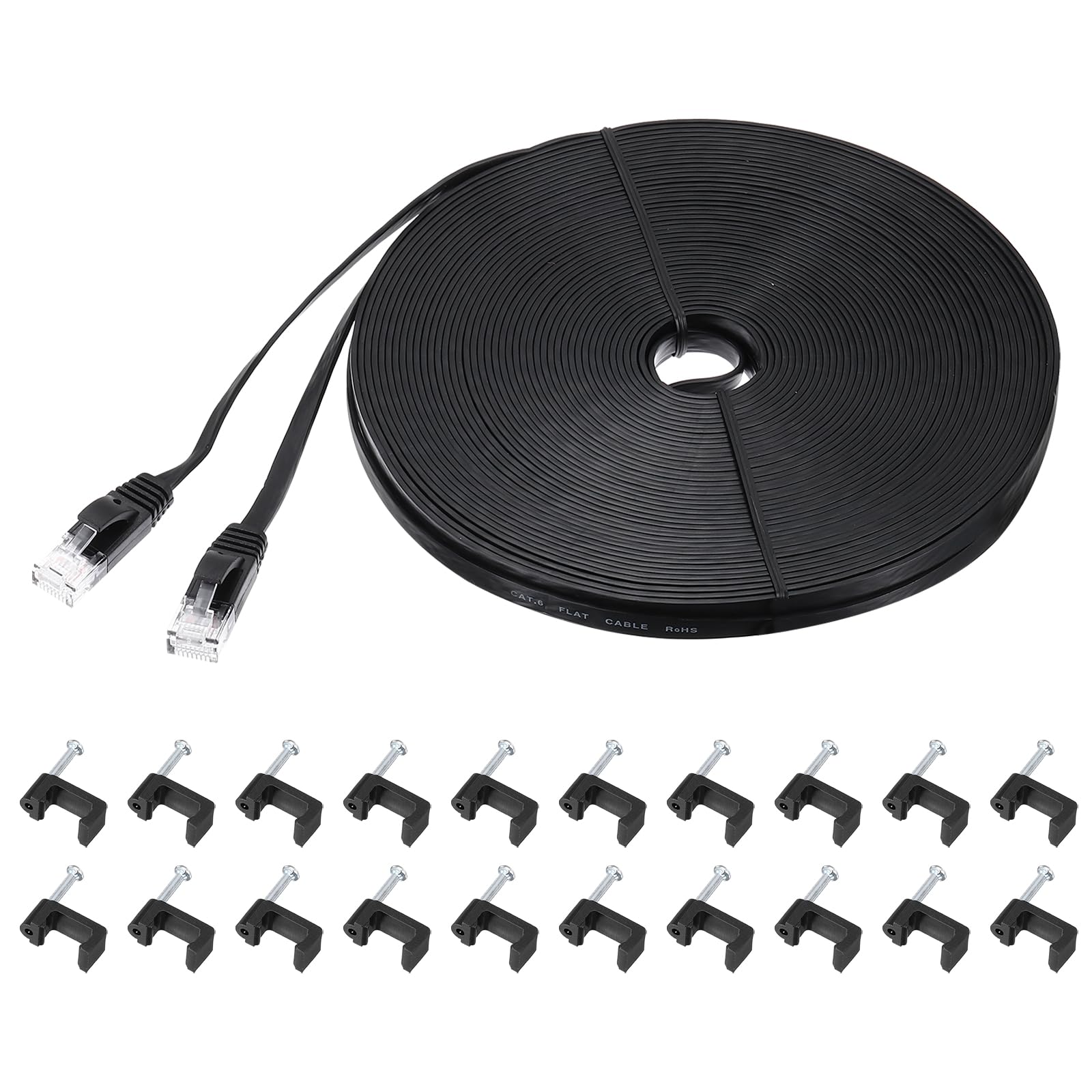 MECCANIXITY Kabel Ethernet Cat 6 25 m, 32AWG 250 MHz, płaski szybki kabel krosowy RJ45 Cat6 z klipsami do komputera, gier, routera, modemu, czarny